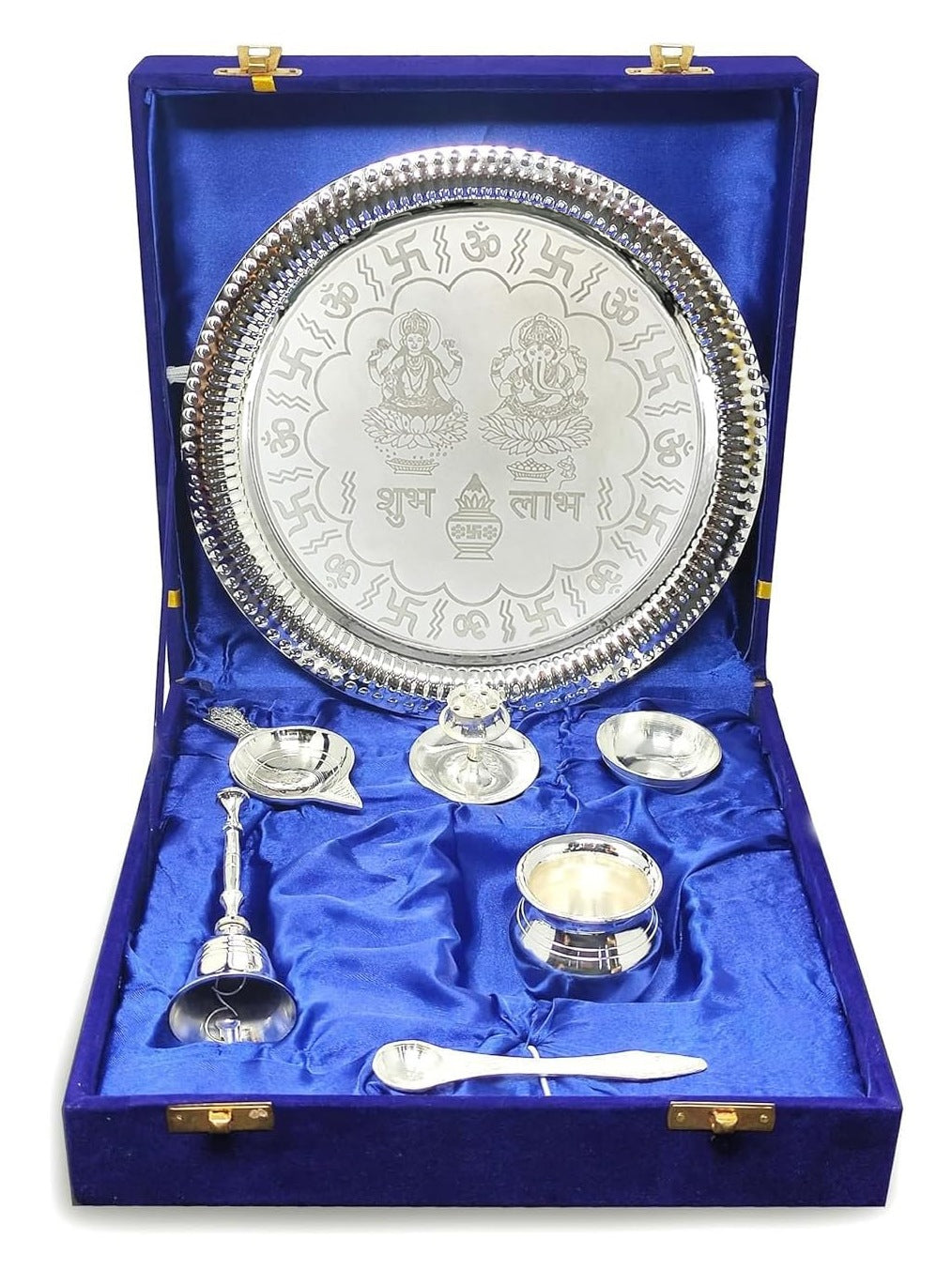 Handmade Silver Plated Pooja Aarti Thali, Poojan Purpose, store Gift Set, 7 Pieces Diwali / Pooja / Puja / Housewarming / Anniversary Gift Decor