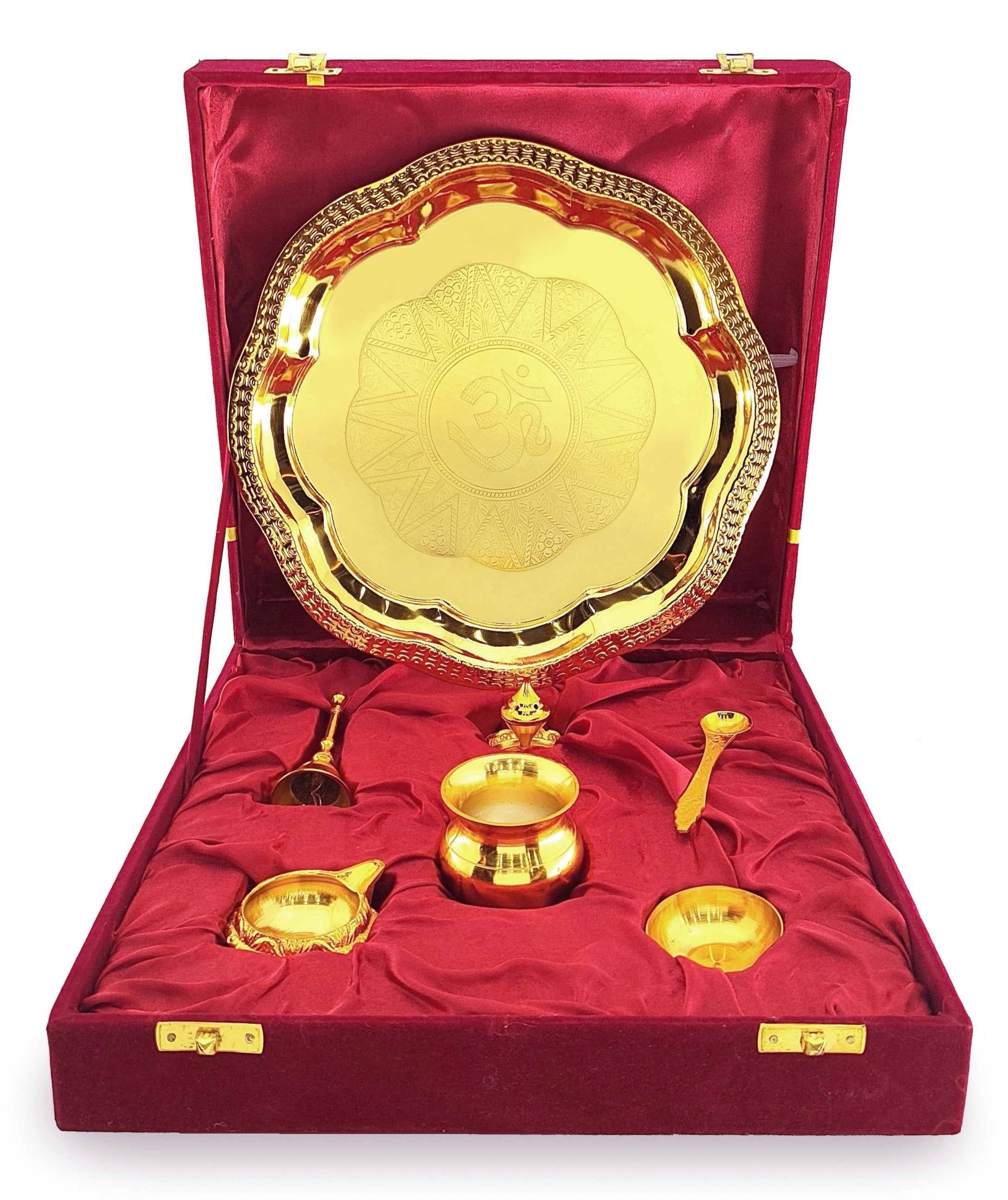 BENGALEN Pooja Thali Set Gold Plated with Gift Box 22 cm Designed Puja Plate Kalash Ghanti Bowl Spoon Dhup Dan Diya for Housewarming Diwali Wedding Gift Items