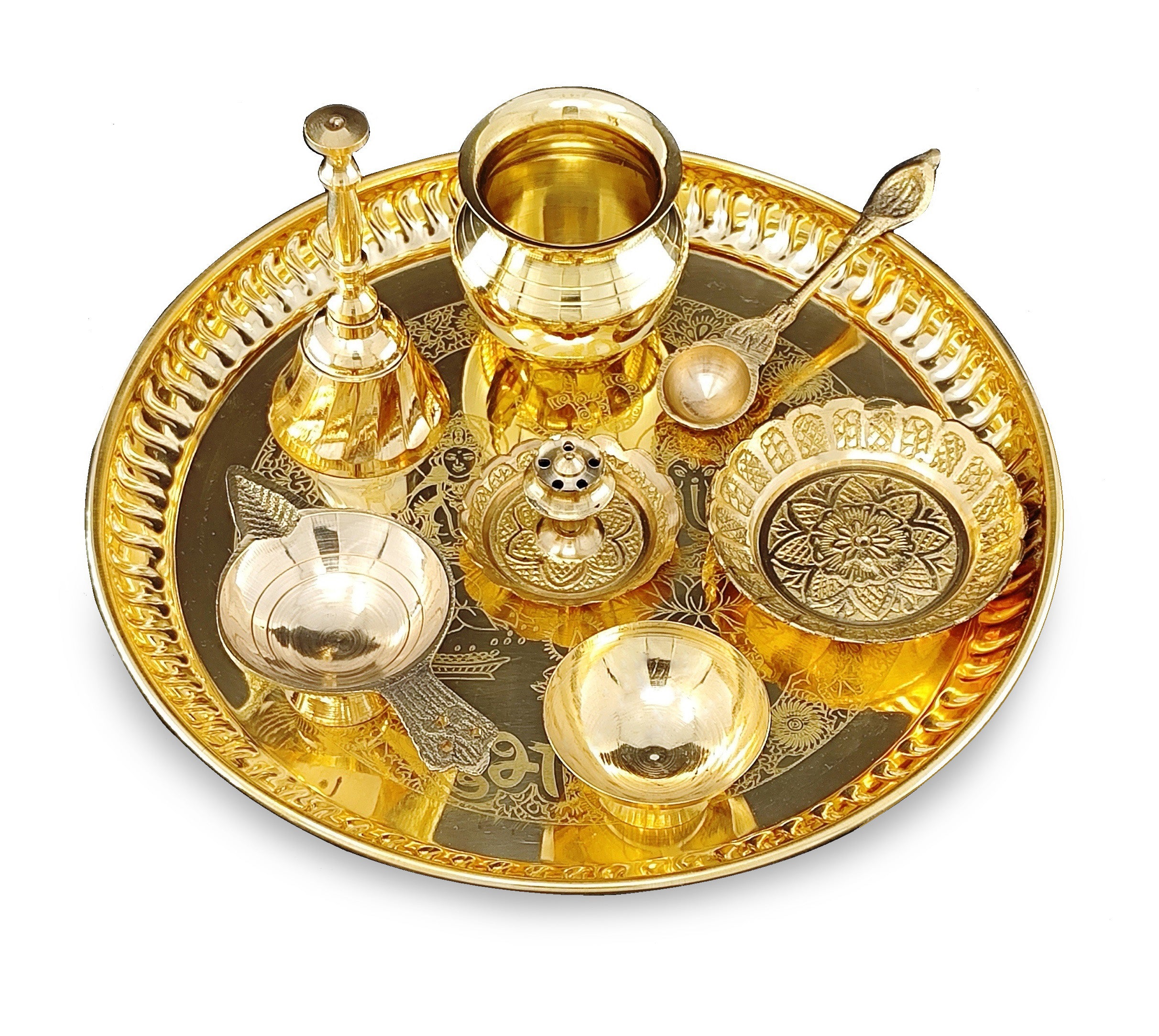 BENGALEN Brass Puja Thali Set 8 Inch Pooja Thali with Pital Plate Kalash Kangura Plate Palli Diya Ghanti Dhup Dan Chandan Wati Arti Thali for Diwali Home Office Mandir Wedding Return Gift Items