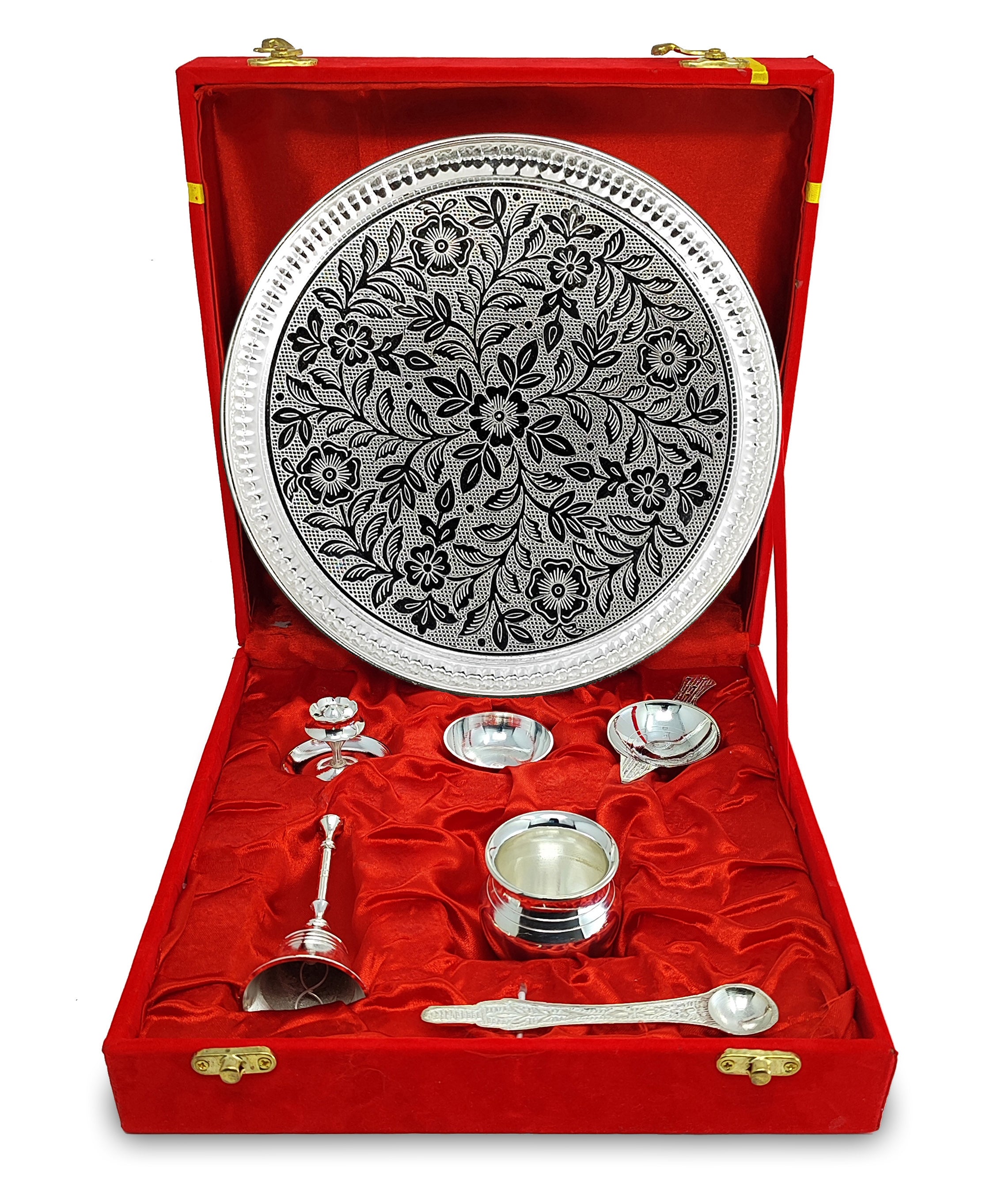 BENGALEN Pooja Thali Set Silver Plated with Red Gift Box Designed 8 Inch Puja Plate Kalash Bowl Ghanti Spoon Dhup Dan Diya for Home Office Diwali Wedding Return Gift Items