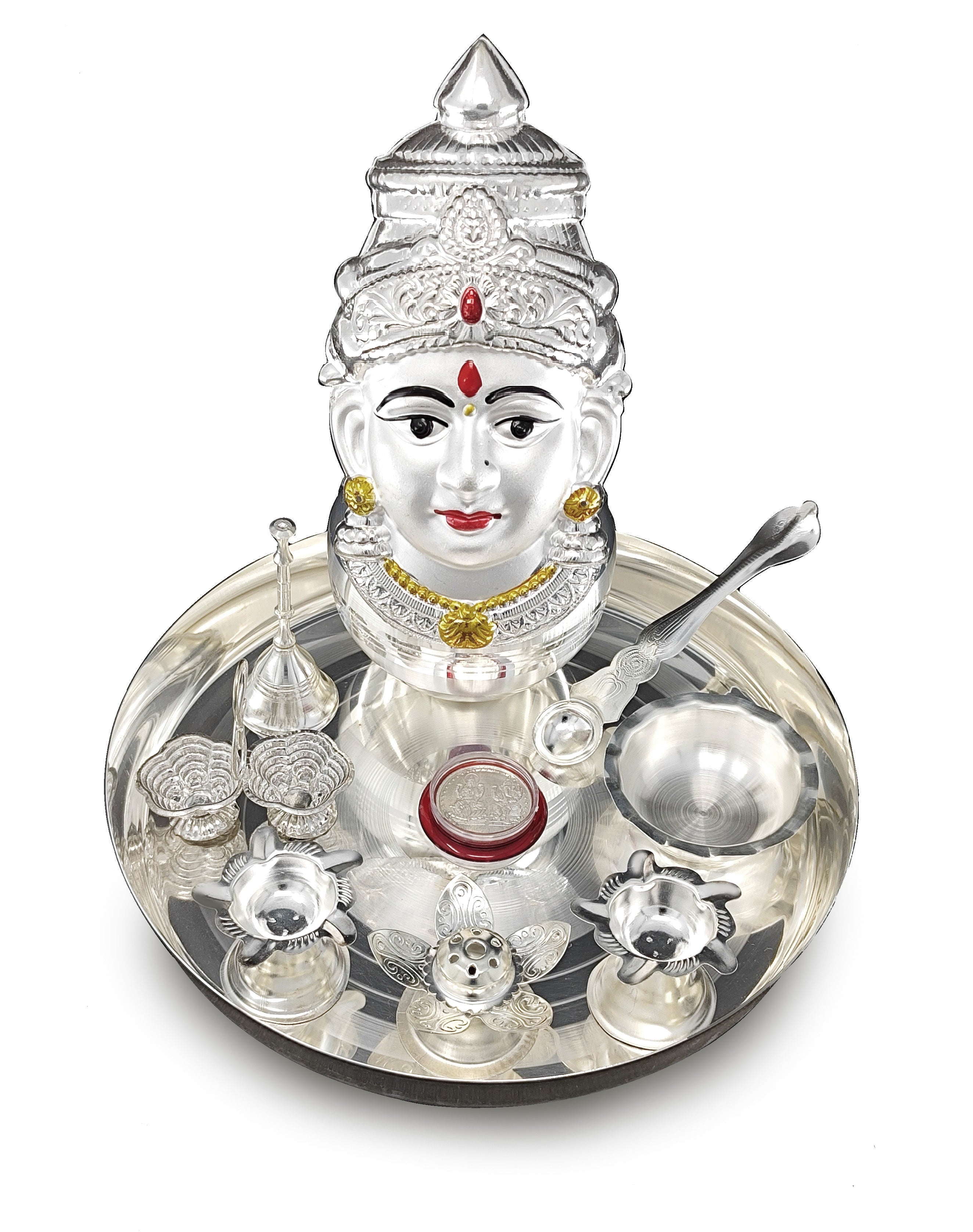 BENGALEN Silver Plated Pooja thali Set with Varalakshmi Devi Mukhota Idol Statue