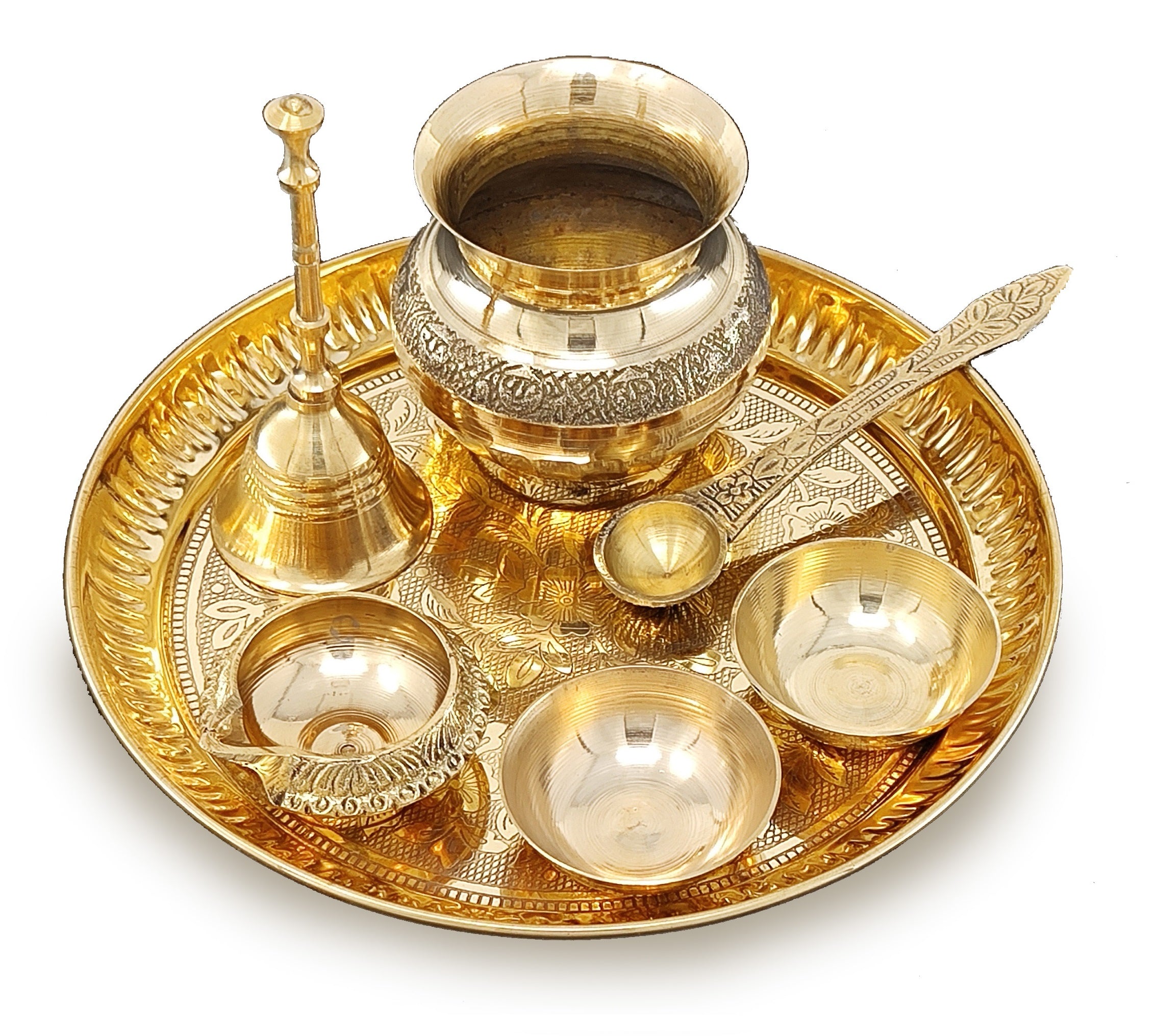 BENGALEN Brass Pooja Thali Set 7 Inch with Pital Puja Plate Kalash Bowl Spoon Dhup Dan Palli Ghanti Kuber Diya Chandan Wati Arti Thali for Diwali Home Office Mandir Wedding Return Gift Items