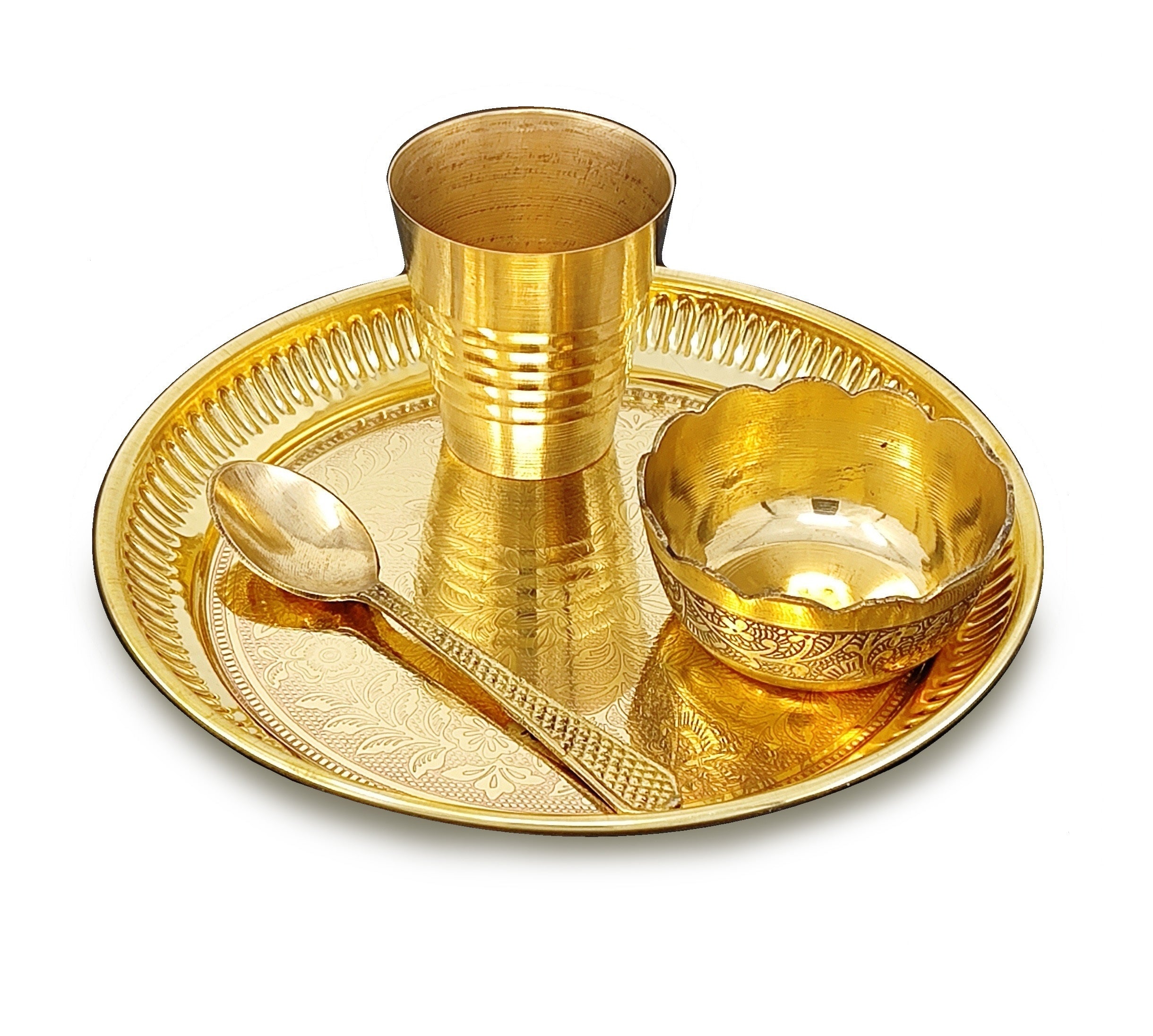BENGALEN Brass Pooja Bhog Thali Set 6 Inch Puja Thali with Pital Plate Bowl Spoon Glass Arti Bhog Thali for Diwali Home Office Mandir Wedding Return Gift Items