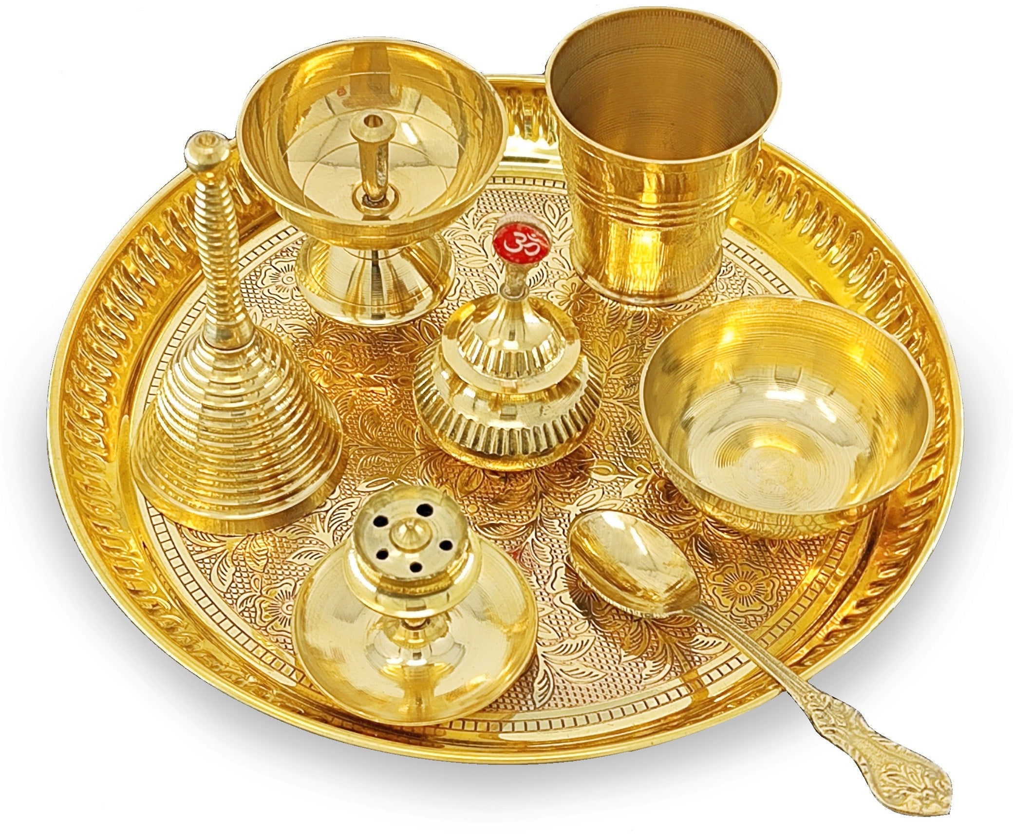 BENGALEN Brass Pooja Thali Set 8 Inch Puja Thali with Pital Plate Glass Bowl Piyali Diya Dhup Dan Sindoor Dibbi Ghanti Spoon Arti Thali for Diwali Home Office Mandir Wedding Return Gift Items