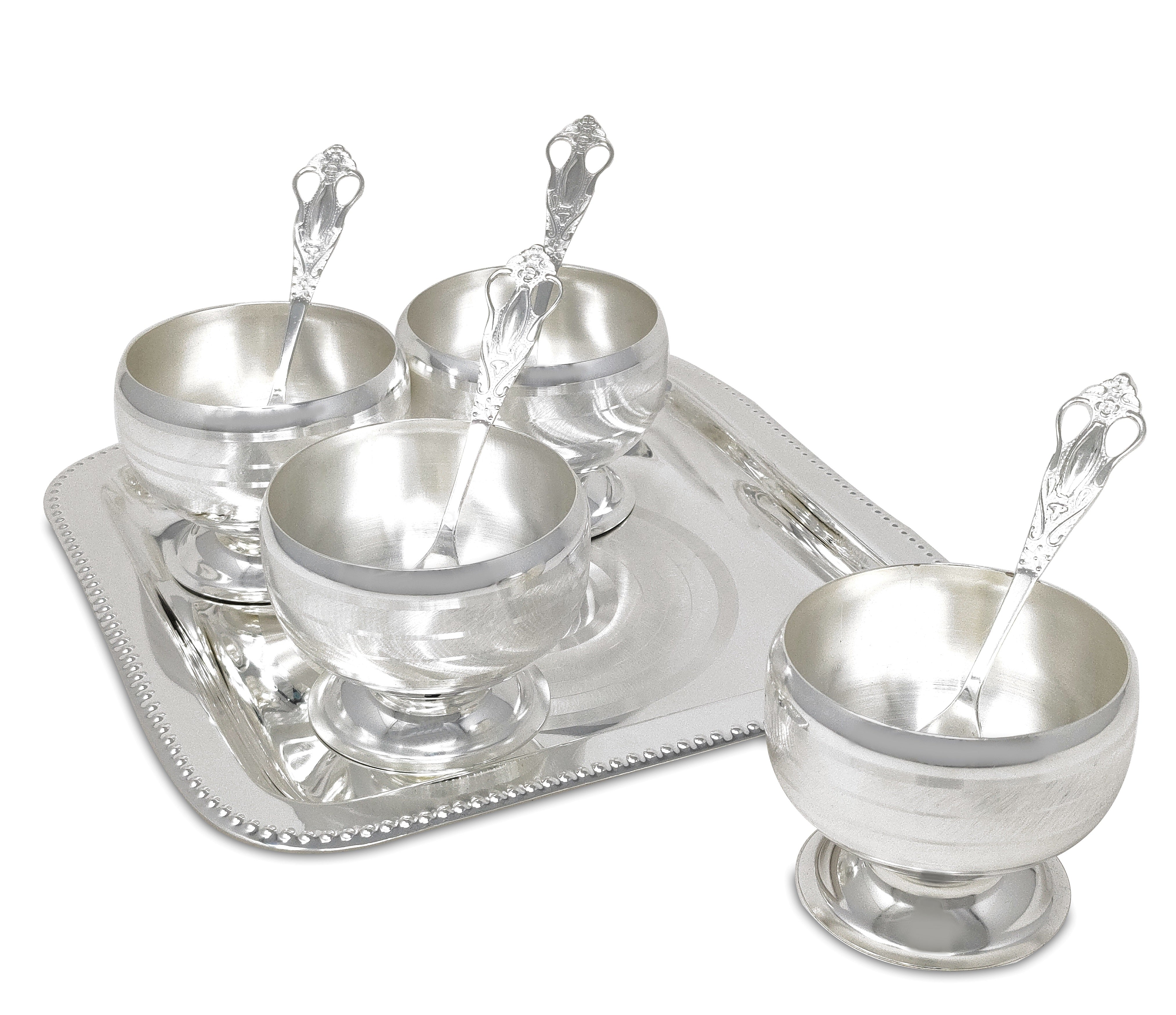 BENGALEN Bowl Spoon Tray Set Silver Plated Dessert Dry Fruits Ice Cream Serving Diwali Christmas Eid Wedding Return Gifts Friends Family Home Decoration Housewarming Corporate Gift Items
