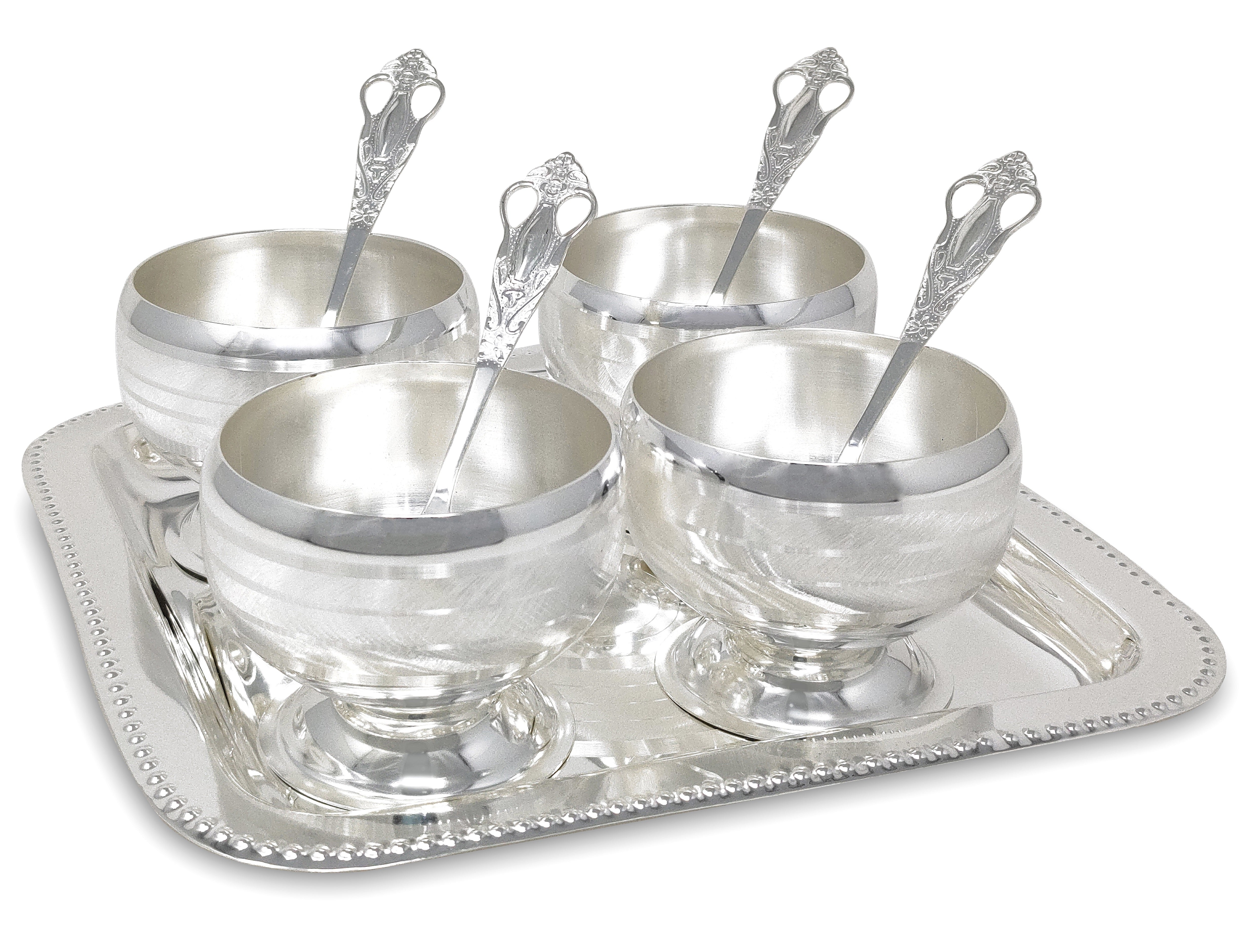 BENGALEN Bowl Spoon Tray Set Silver Plated Dessert Dry Fruits Ice Cream Serving Diwali Christmas Eid Wedding Return Gifts Friends Family Home Decoration Housewarming Corporate Gift Items