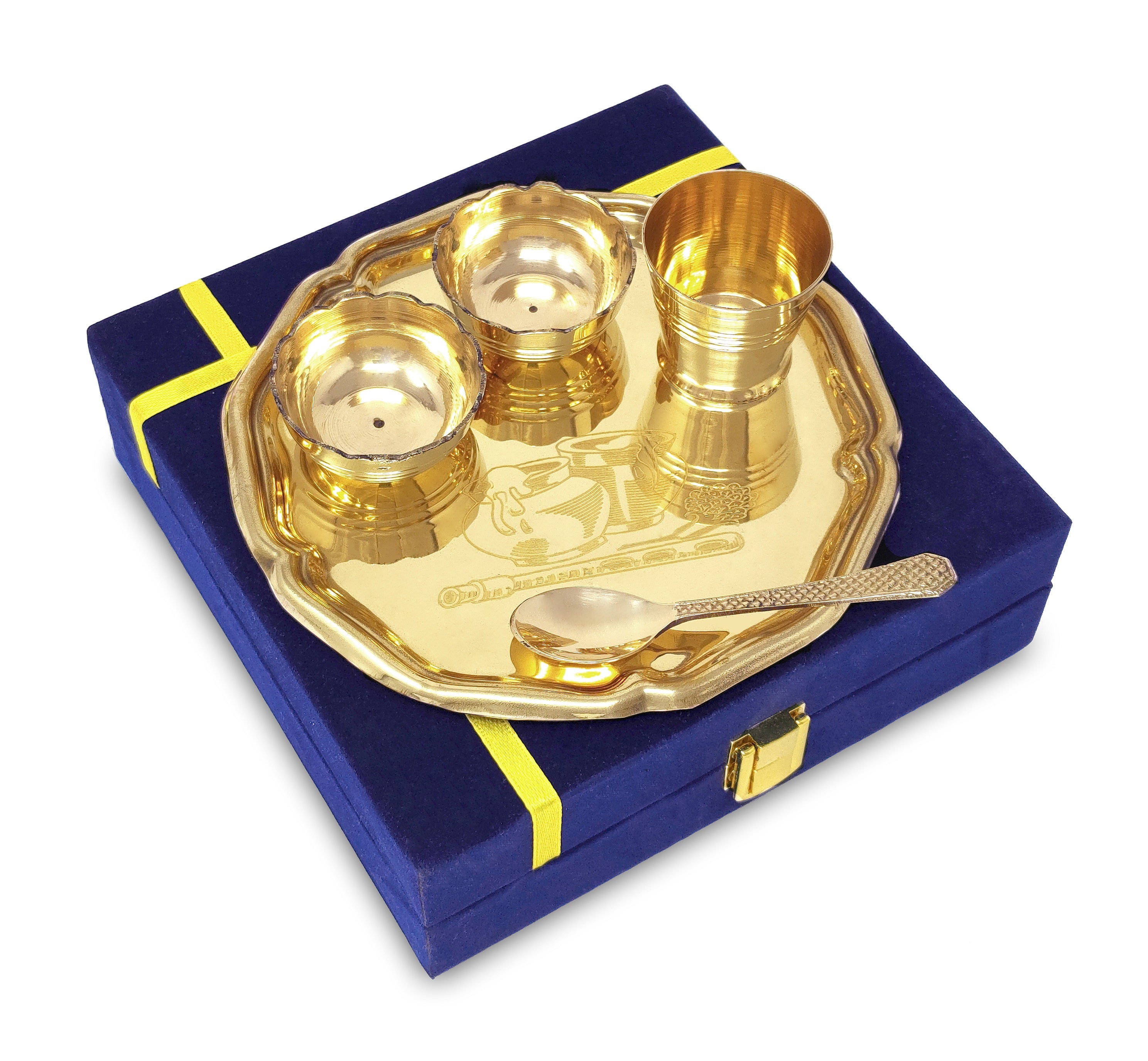 BENGALEN Pooja thali Set Brass Small 6 Inch With Blue Gift Box Laddu Gopal Bhog Thali for Janmashtami Decoration Puja Item Festival Puja Krishna Bhog Thali Set for Home Office Mandir Return Gift Items