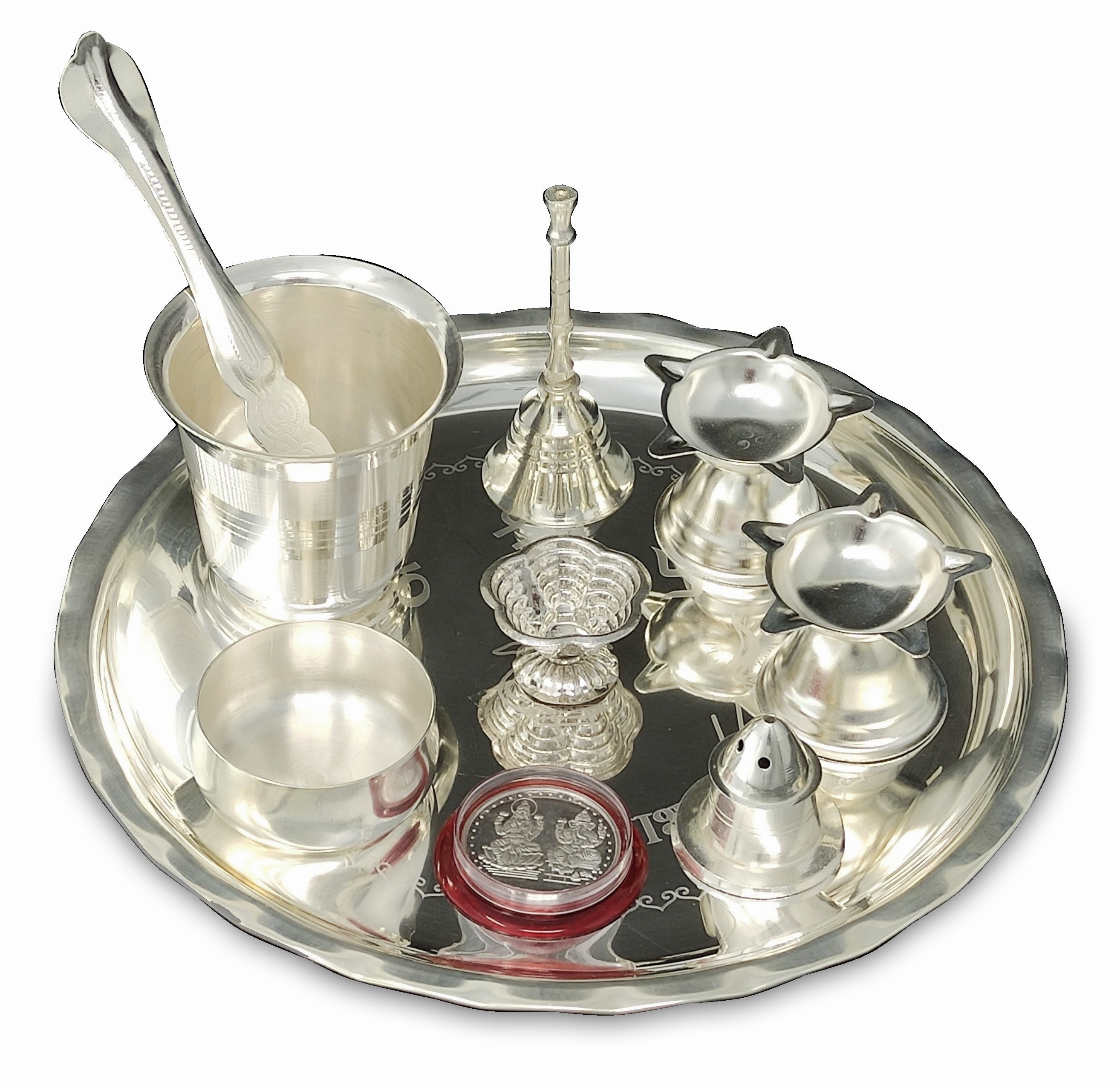 BENGALEN Silver Plated Pooja thali Set 8 Inch Plate Coin Glass Bowl Spoon Ghanti Diya Agarbatti Stand Puja Thali Decorative for Diwali Daily Home Mandir Office Wedding Return Gift Items