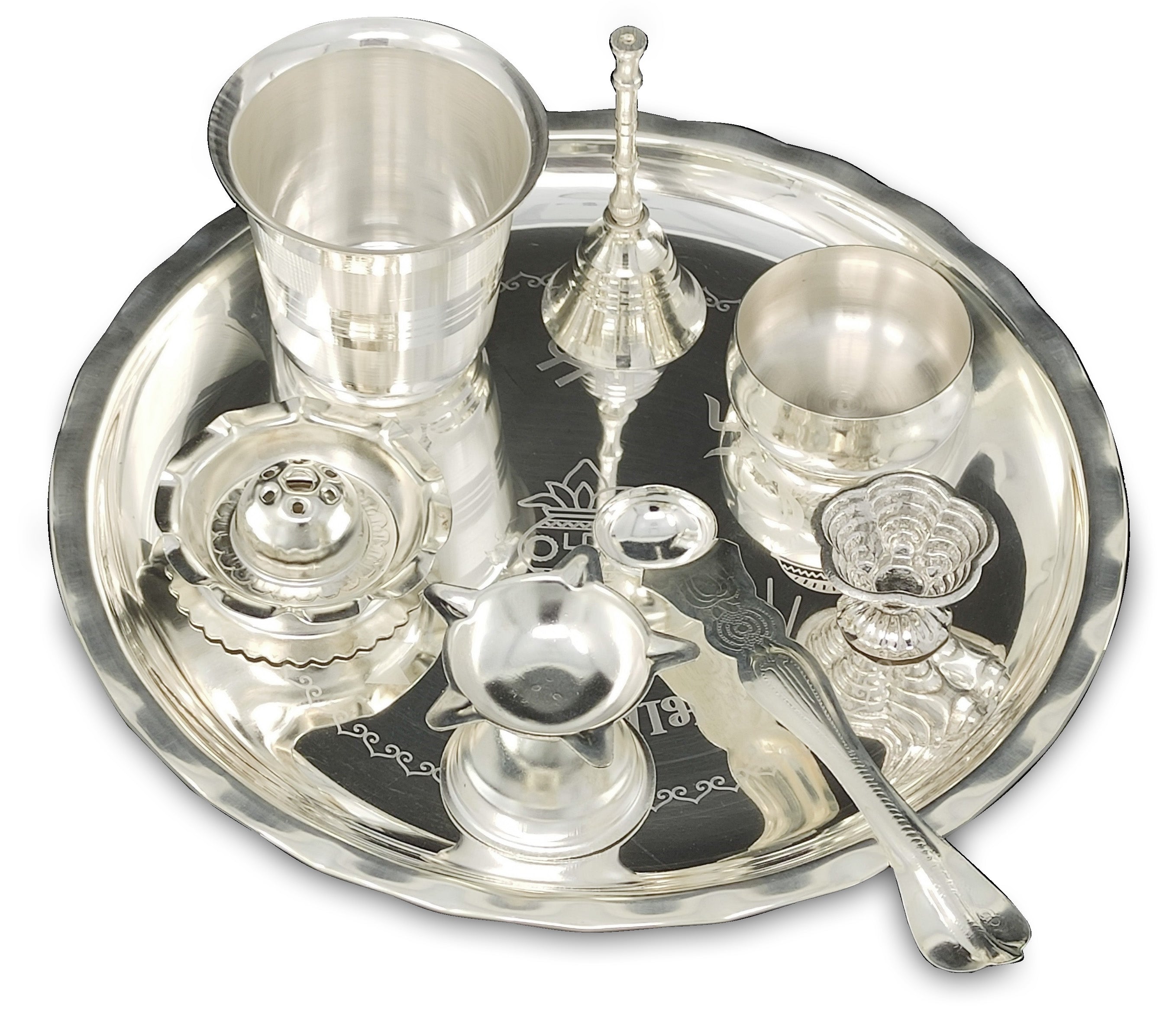 BENGALEN Silver Plated Pooja thali Set 8 Inch Daily Puja Thali for Diwali Home Mandir Office Wedding Return Festive Gift Items