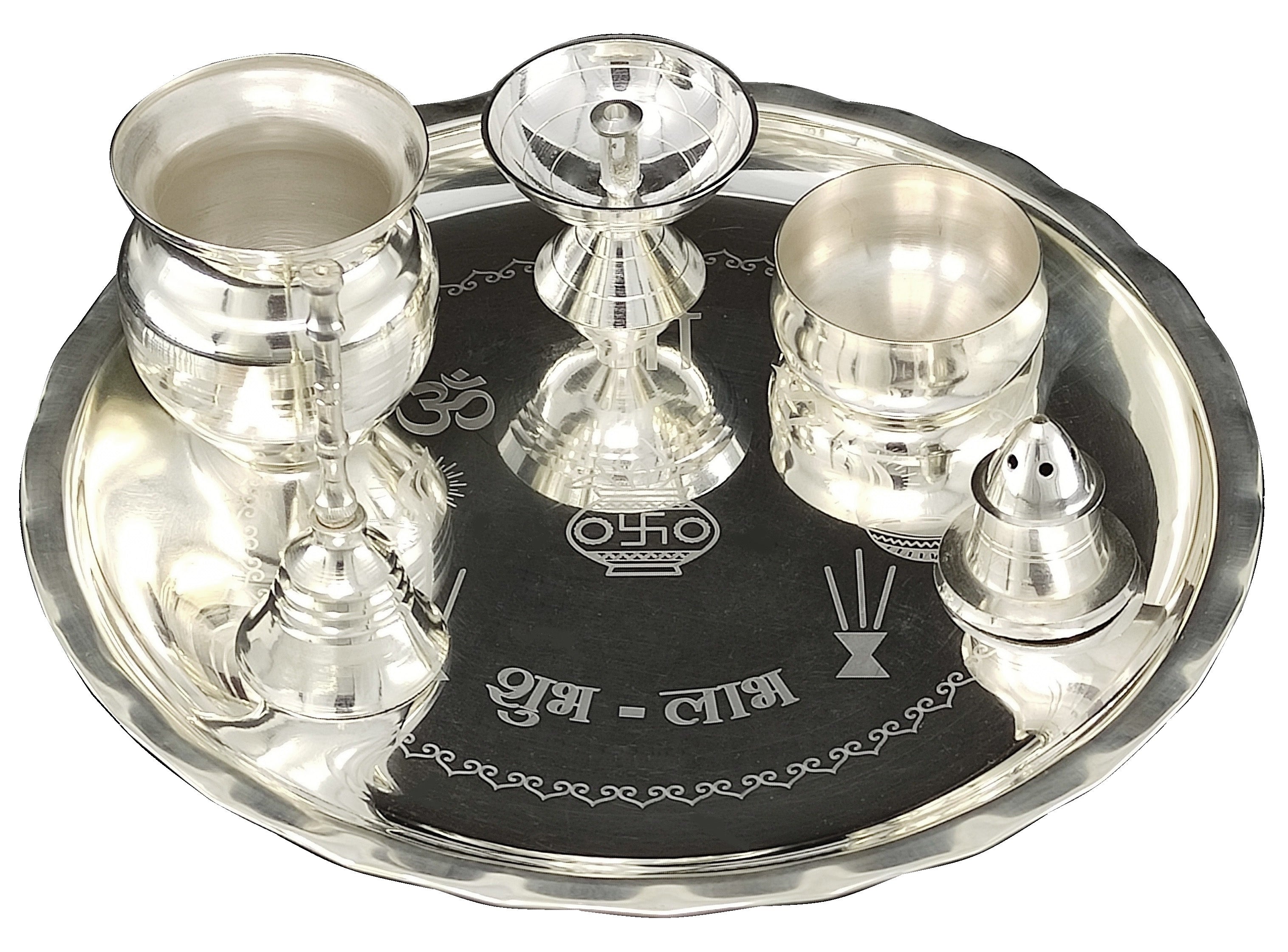 BENGALEN Silver Plated Pooja thali Set 8 Inch Plate Glash Spoon Diya Kumkum Stand Bowl Agarbatti Stand Daily Puja Thali for Diwali, Home, Temple, Office, Wedding Return Gift Items