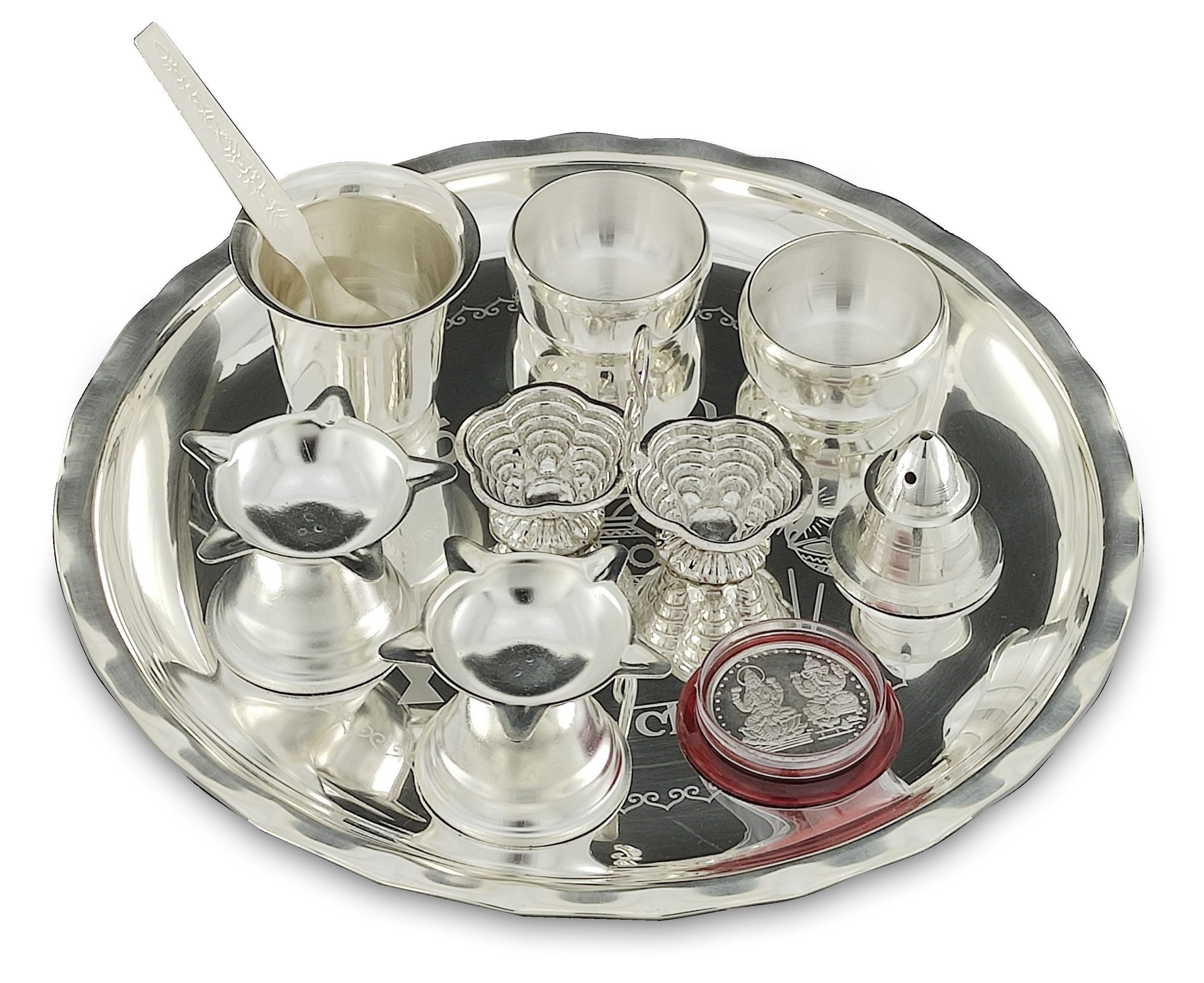 Bengalen Silver Plated Pooja thali Set 8 Inch Ethnic Puja Thali for Diwali Daily Home Mandir Office Wedding Return Festive Gift Items