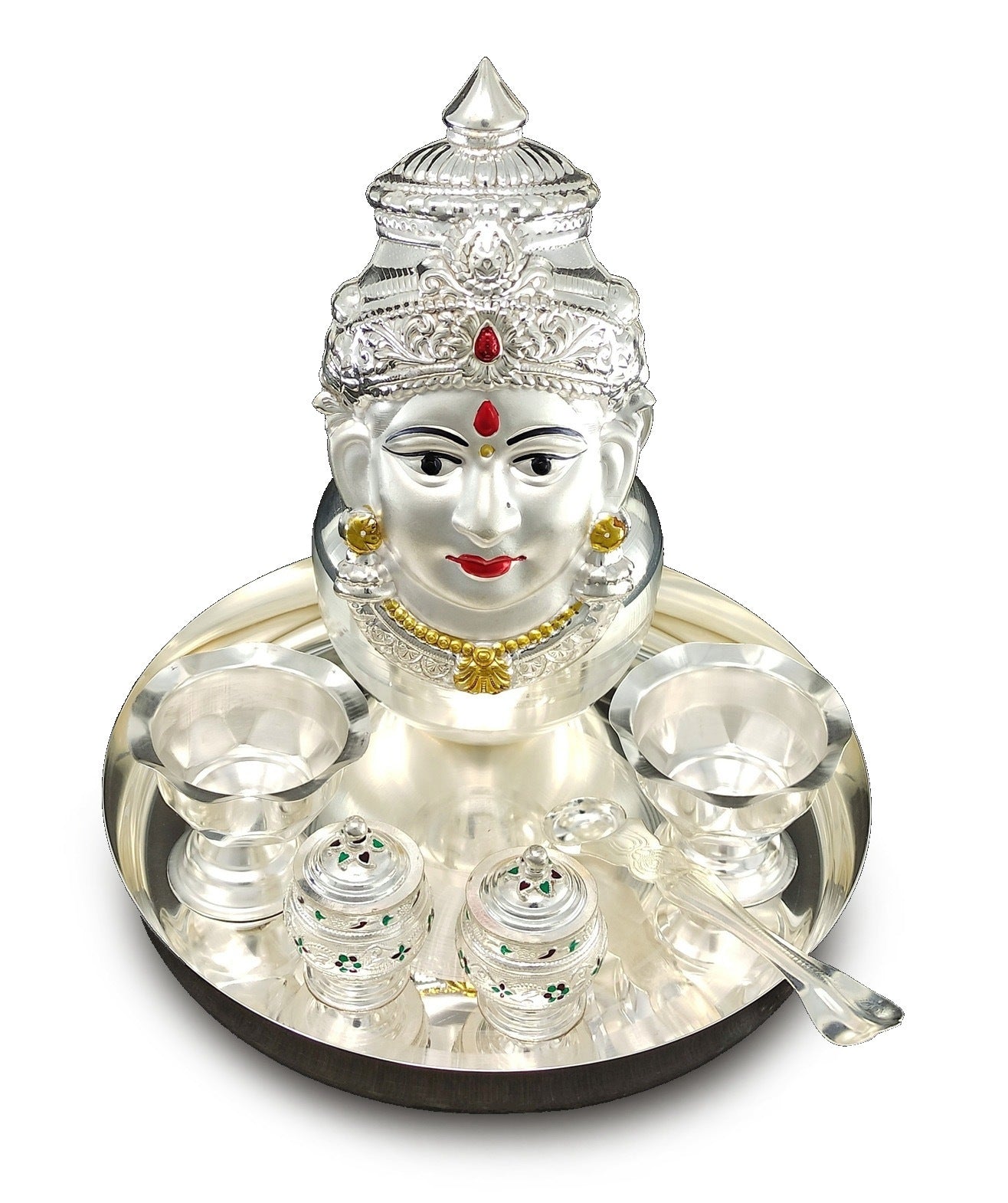 Bengalen Silver Plated Pooja thali Set with Lakshmi Devi Mukhota Varalakshmi Idol Statue