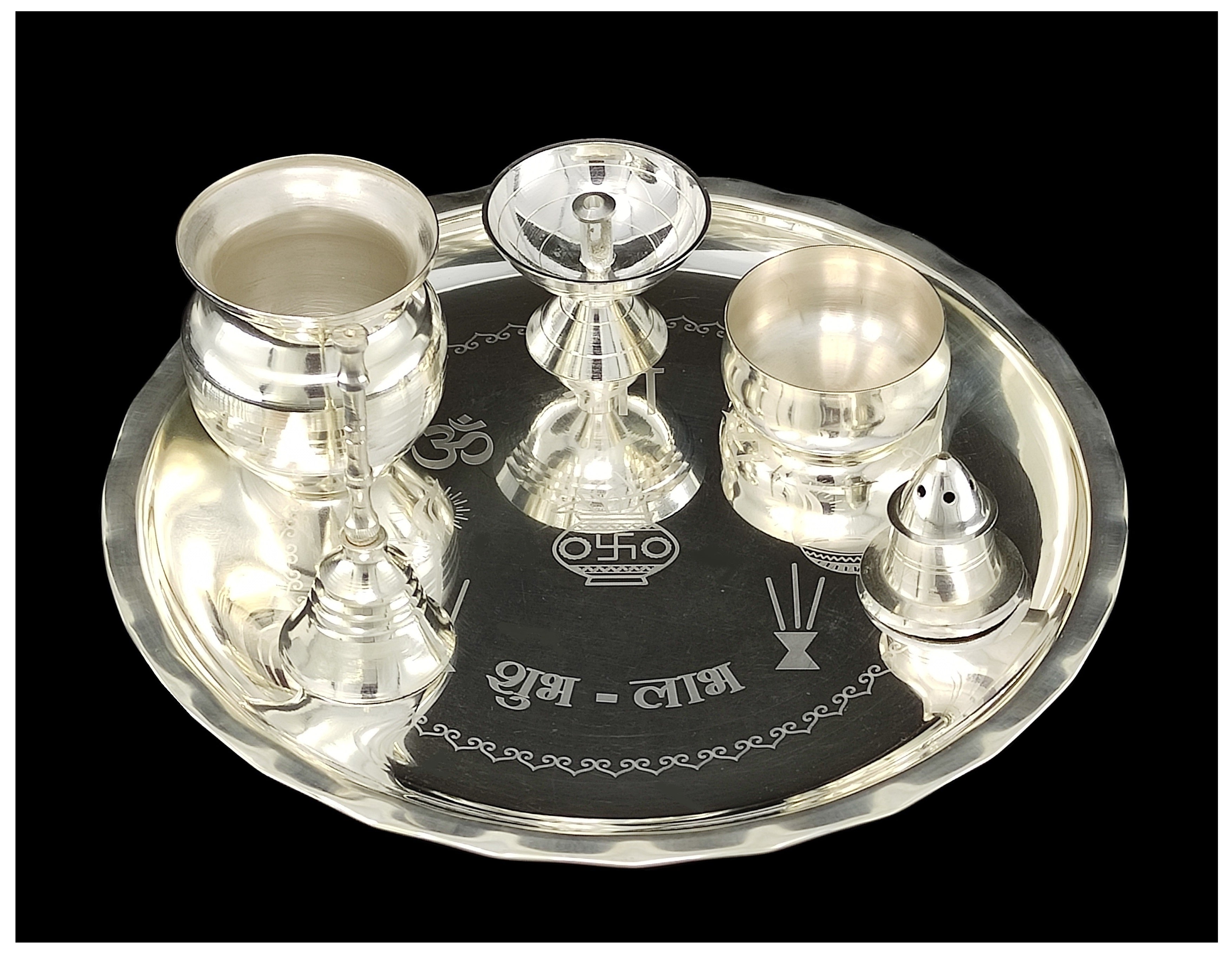BENGALEN Silver Plated Pooja thali Set 8 Inch Plate Glash Spoon Diya Kumkum Stand Bowl Agarbatti Stand Daily Puja Thali for Diwali, Home, Temple, Office, Wedding Return Gift Items