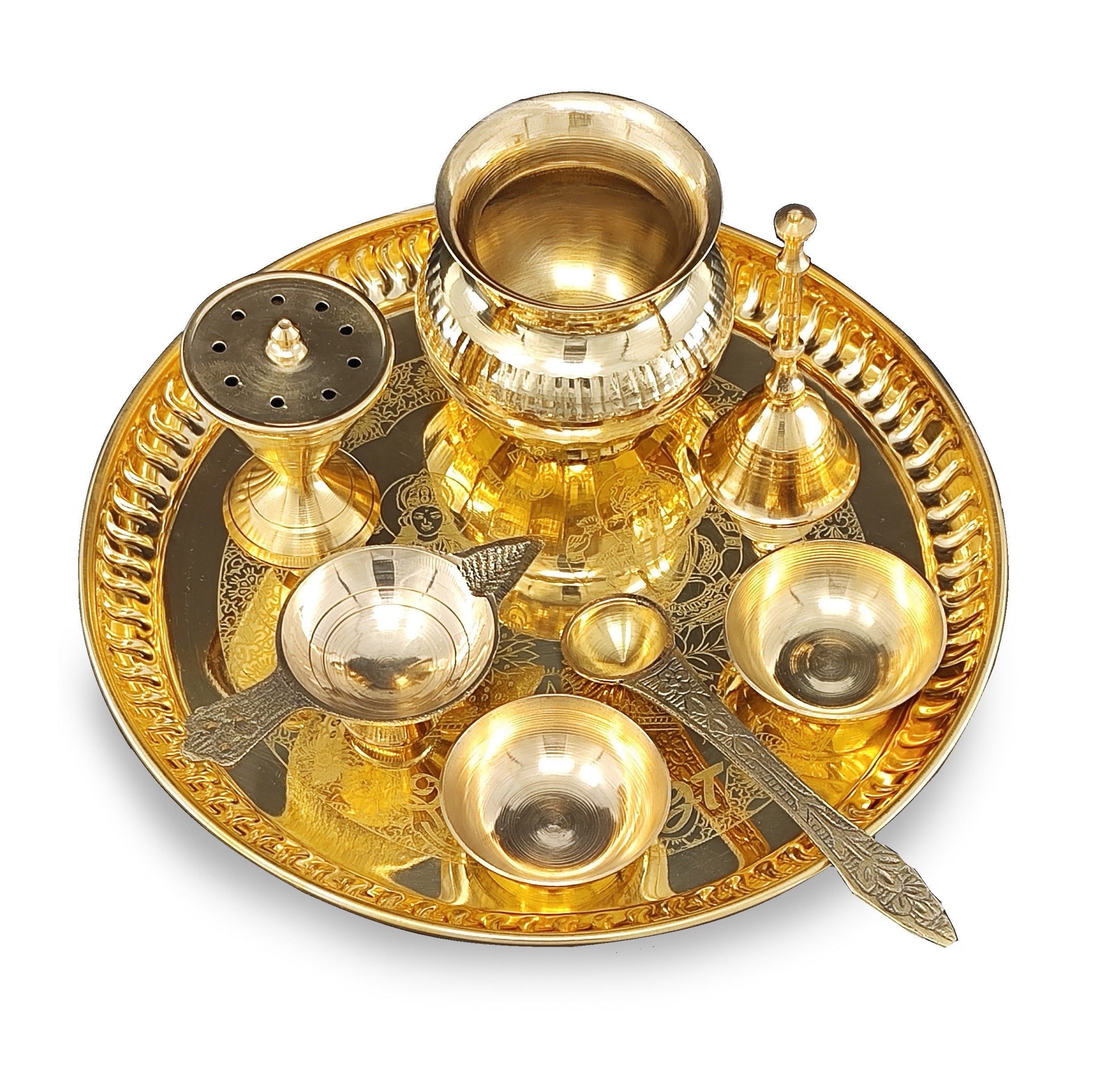 Bengalen Brass Pooja thali 8 Inch with Accessories Ganesh Lakshmi Design Puja Set Wedding Return Gift Items