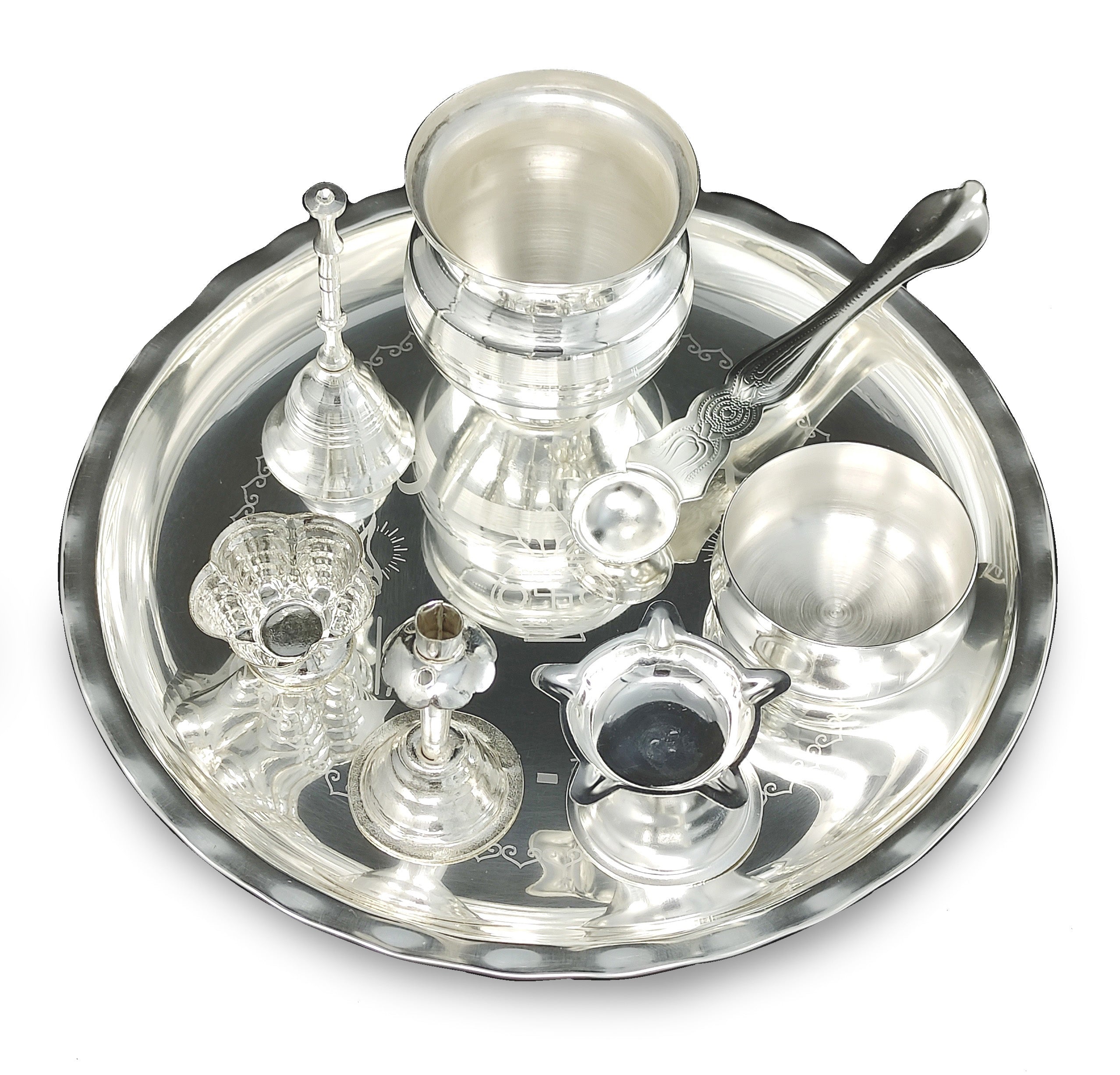 Bengalen Silver Plated Pooja thali Set 08 Inch Festival Ethnic Puja Thali Items for Home, Office, Mandir, Weeding Gift