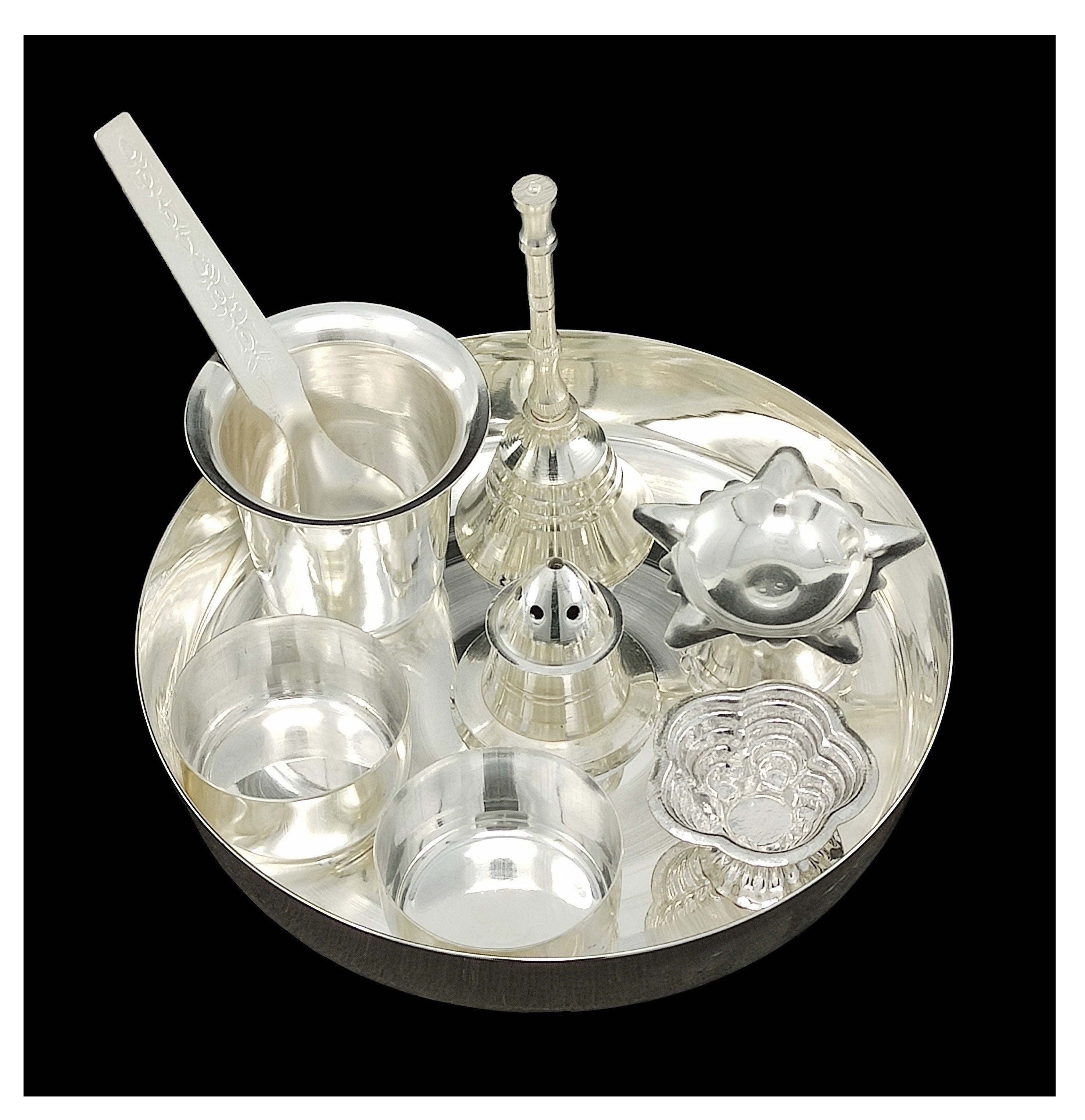 BENGALEN Silver Plated Pooja Thali Set 5 Inch Daily Puja Decorative for Home Office Wedding Return Gift Items