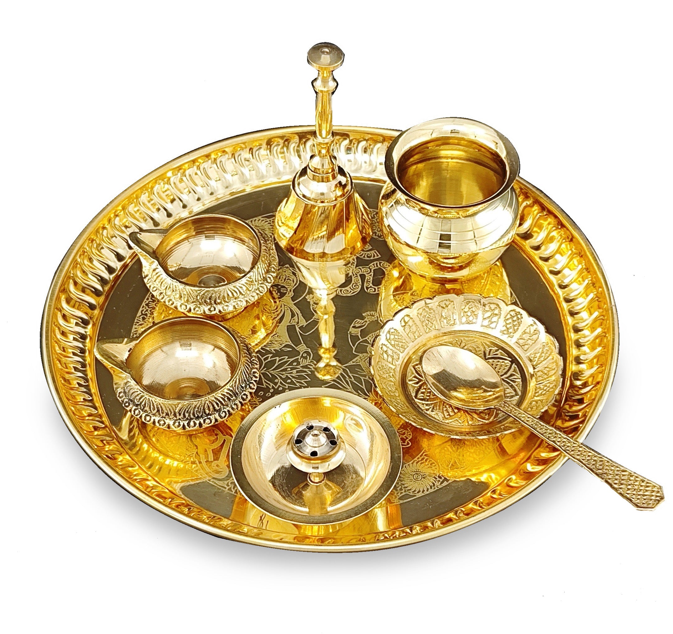 BENGALEN Brass Pooja Thali Set 8 Inch with Pital Puja Plate Kalash Kangura Plate Spoon Kuber Diya Ghanti Dhup Dan Arti Thali for Diwali Home Office Mandir Wedding Return Gift Items