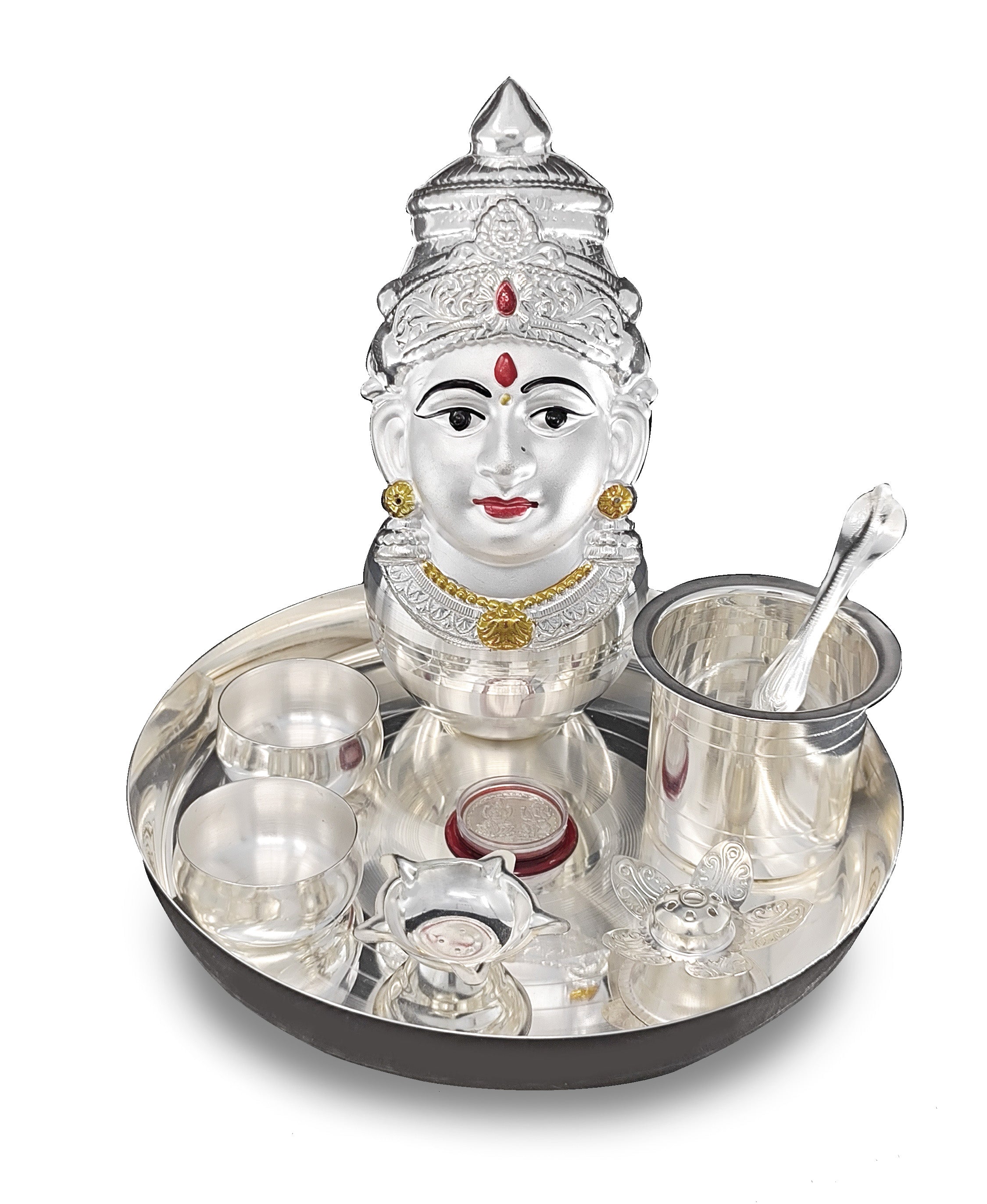 BENGALEN Silver Plated Pooja thali Set with Varalakshmi Devi Mukhota Idol Statue