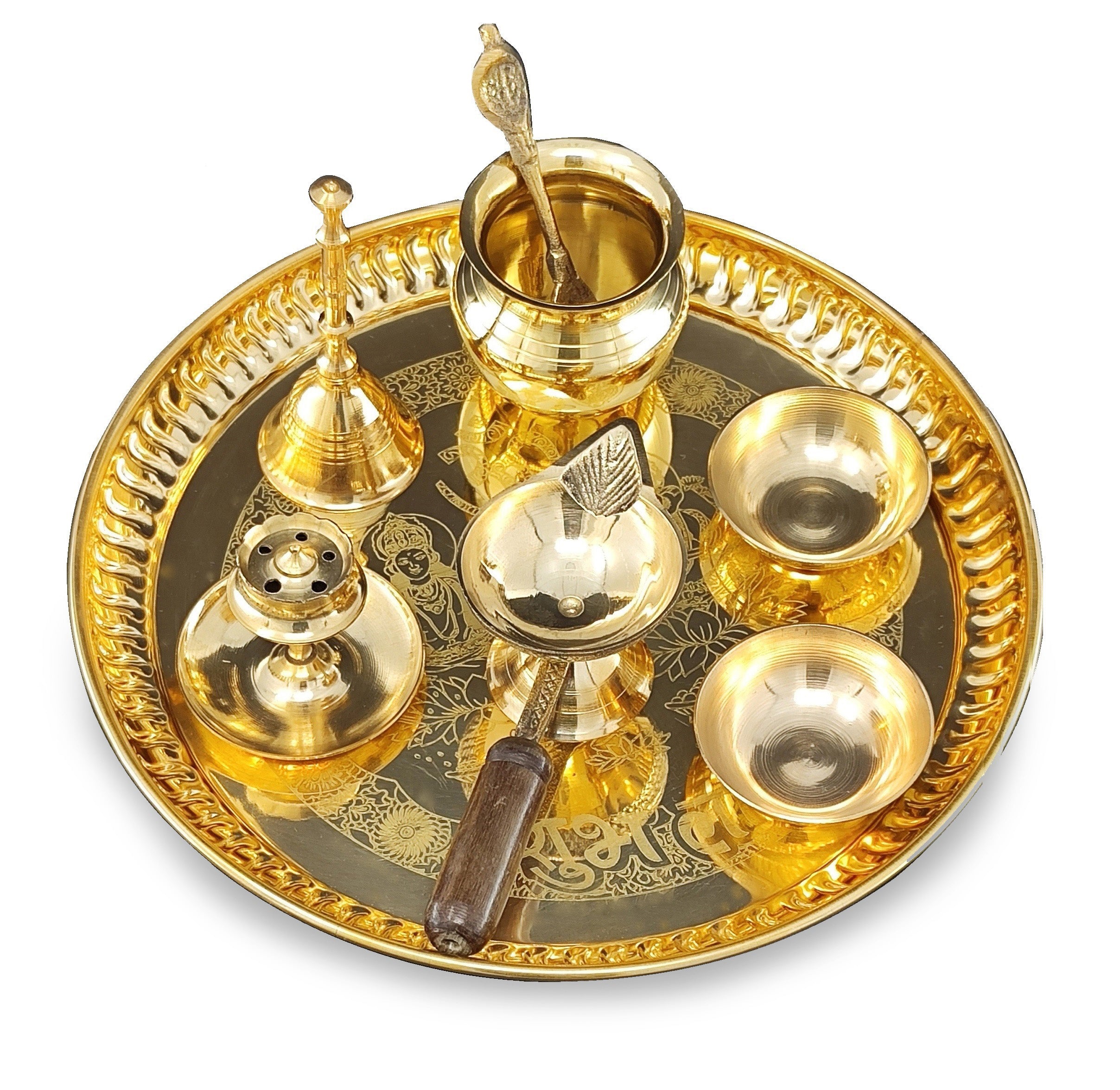 BENGALEN Brass Pooja Thali Set 8 Inch with Pital Puja Plate Kalash Bowl Palli Chandan Wati Diya Ghanti Dhup Dan Arti Thali for Diwali Home Office Mandir Wedding Return Gift Items