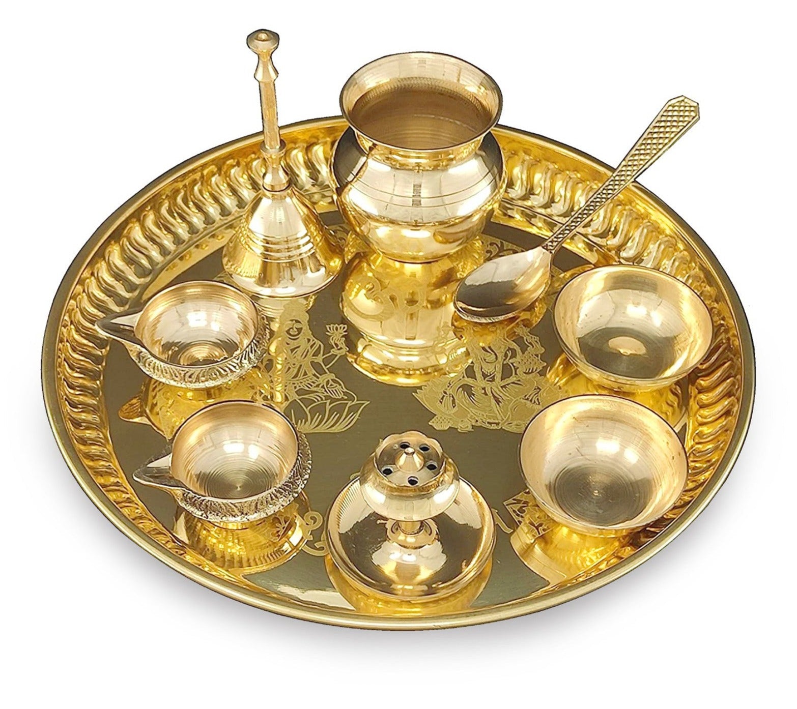 Bengalen Brass Pooja thali 8 Inch with Accessories Ganesh Lakshmi Design Puja Set Wedding Return Gift Items