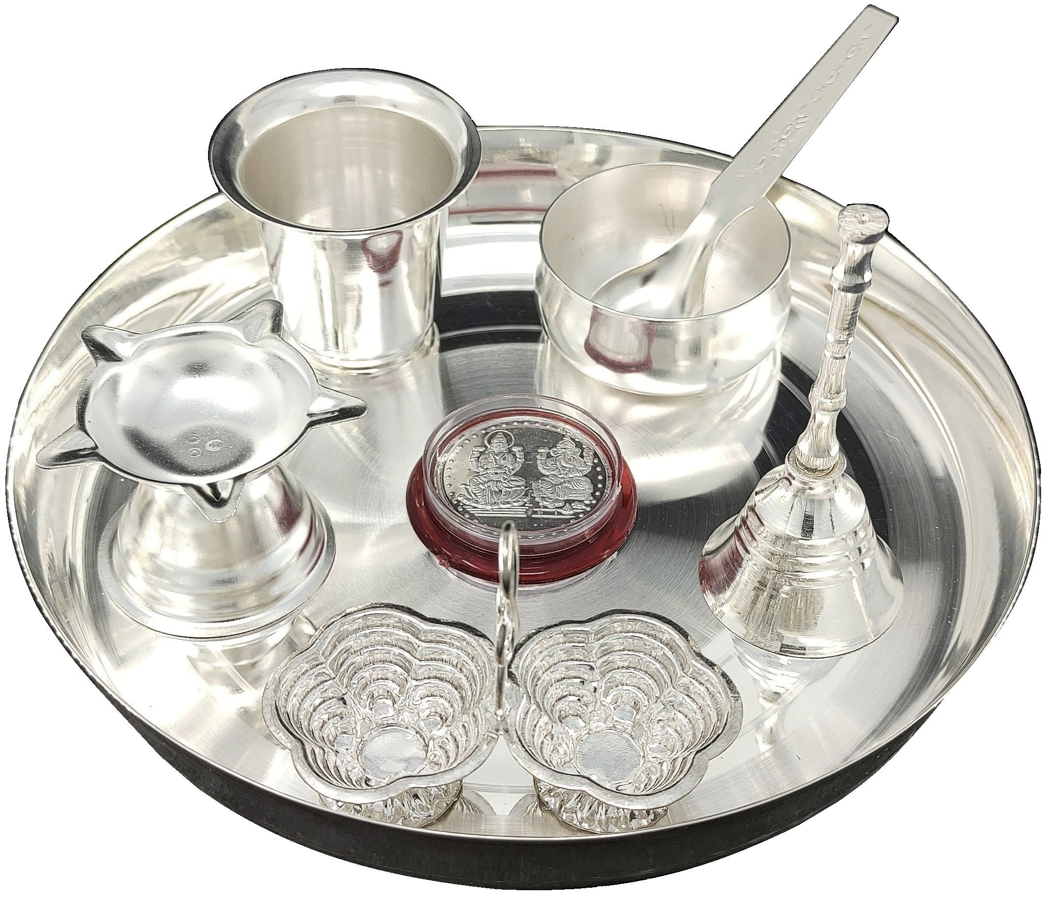 BENGALEN Silver Plated Pooja thali Set 7 Inch Plate Kumkum Holder Diya Glass Ganesh Lakshmi Coin Bowl Spoon Ghanti Festival Ethnic Puja Thali Items for Diwali Daily Home Temple Office Wedding Return Gift Items