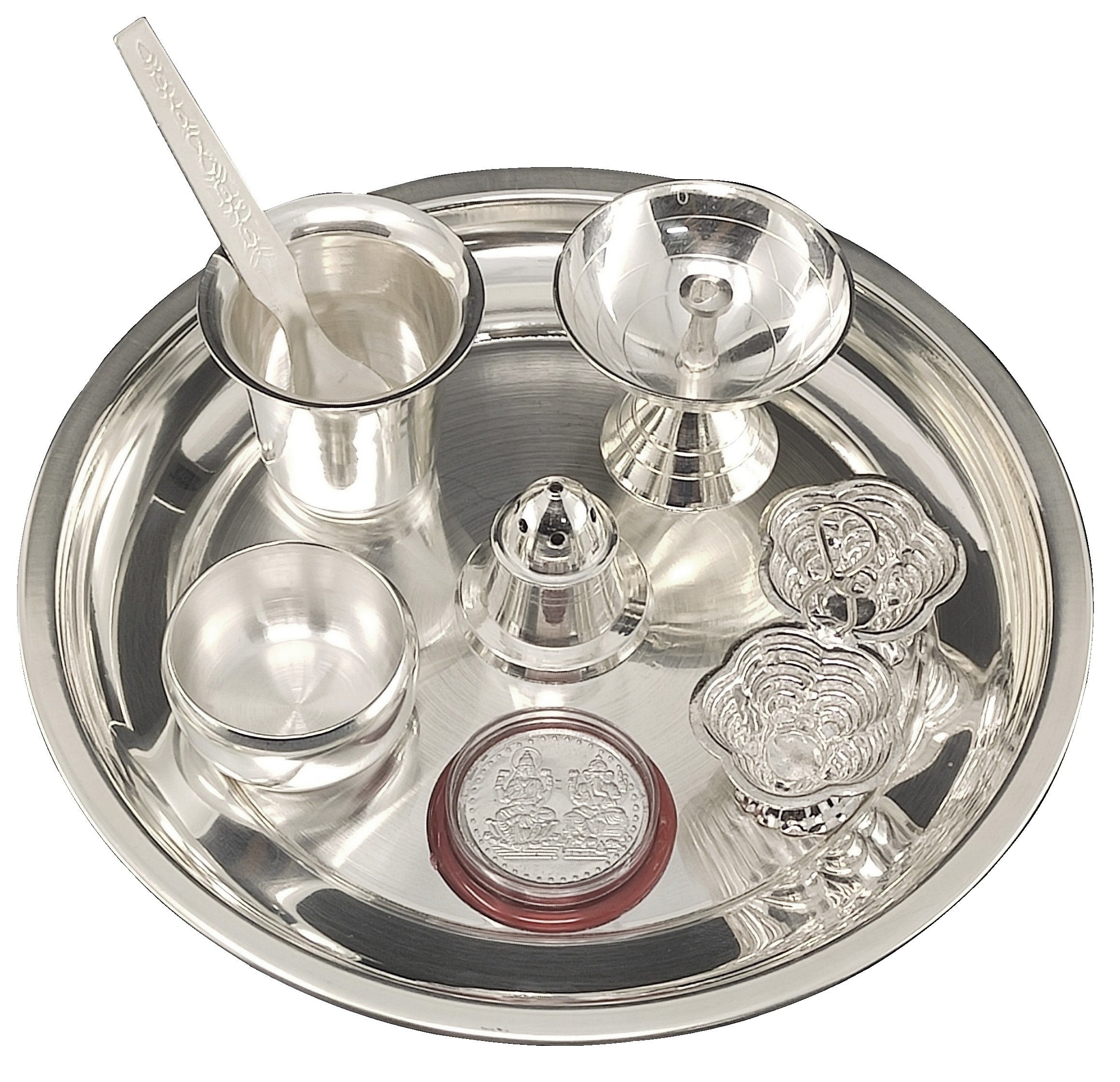 Bengalen Silver Plated Pooja Thali Set 7 Inch with Coin, Diya and Accessories Puja Decorative Items for Home Mandir Office Wedding Return Gift