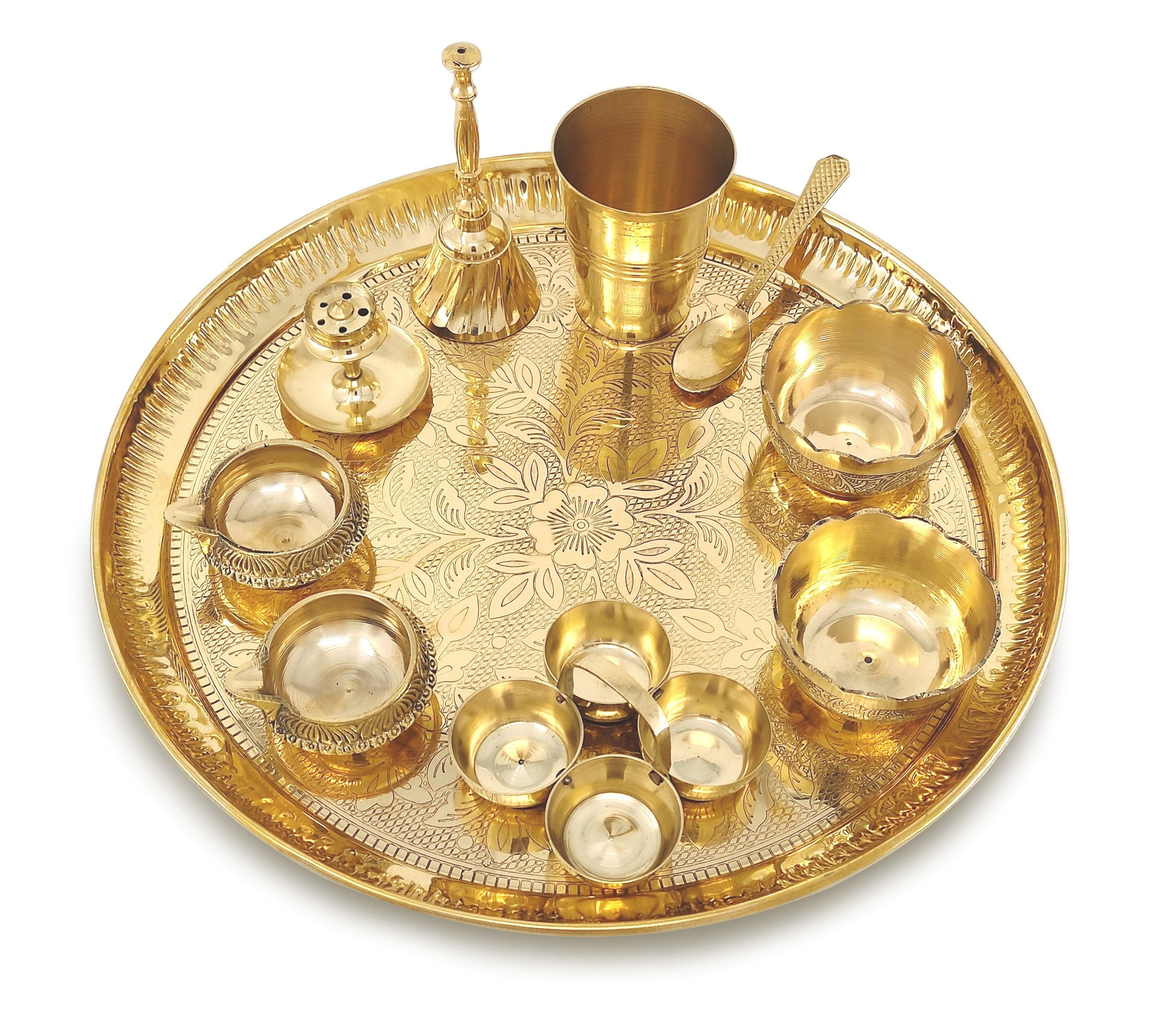 Bengalen Brass Pooja Thali Set 12 Inch with Pital Plate Glass Bowl Spoon Palli Ghanti Kuber Diya Dhup Dan Haldi Kumkum Stand Puja Thali for Diwali Home Office Mandir Wedding Return Gift Items
