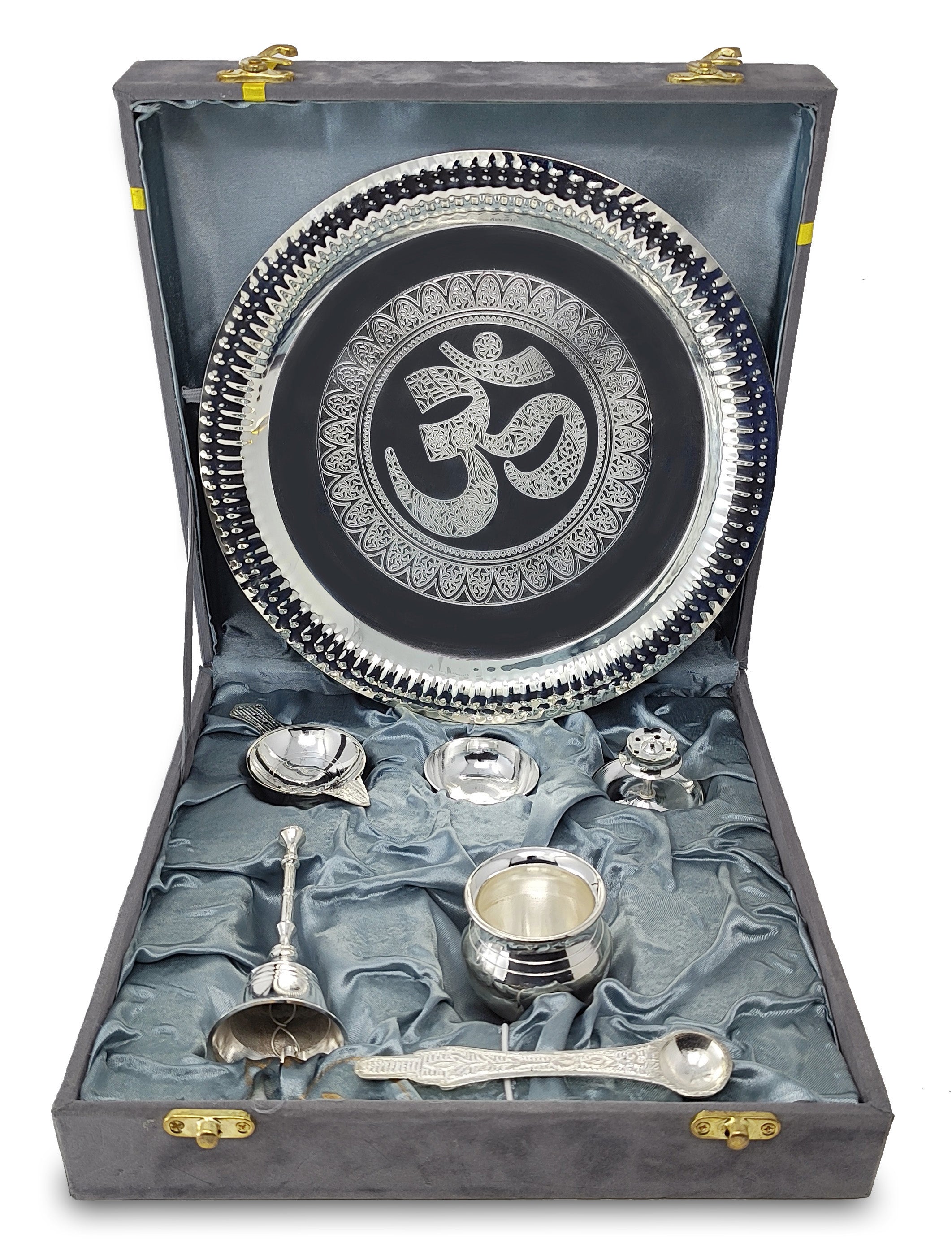 BENGALEN Pooja Thali Set Silver Plated with Grey Gift Box Om Designed 22 cm Puja Plate Kalash Bowl Ghanti Spoon Dhup Dan Diya for Home Office Diwali Wedding Return Gift Items