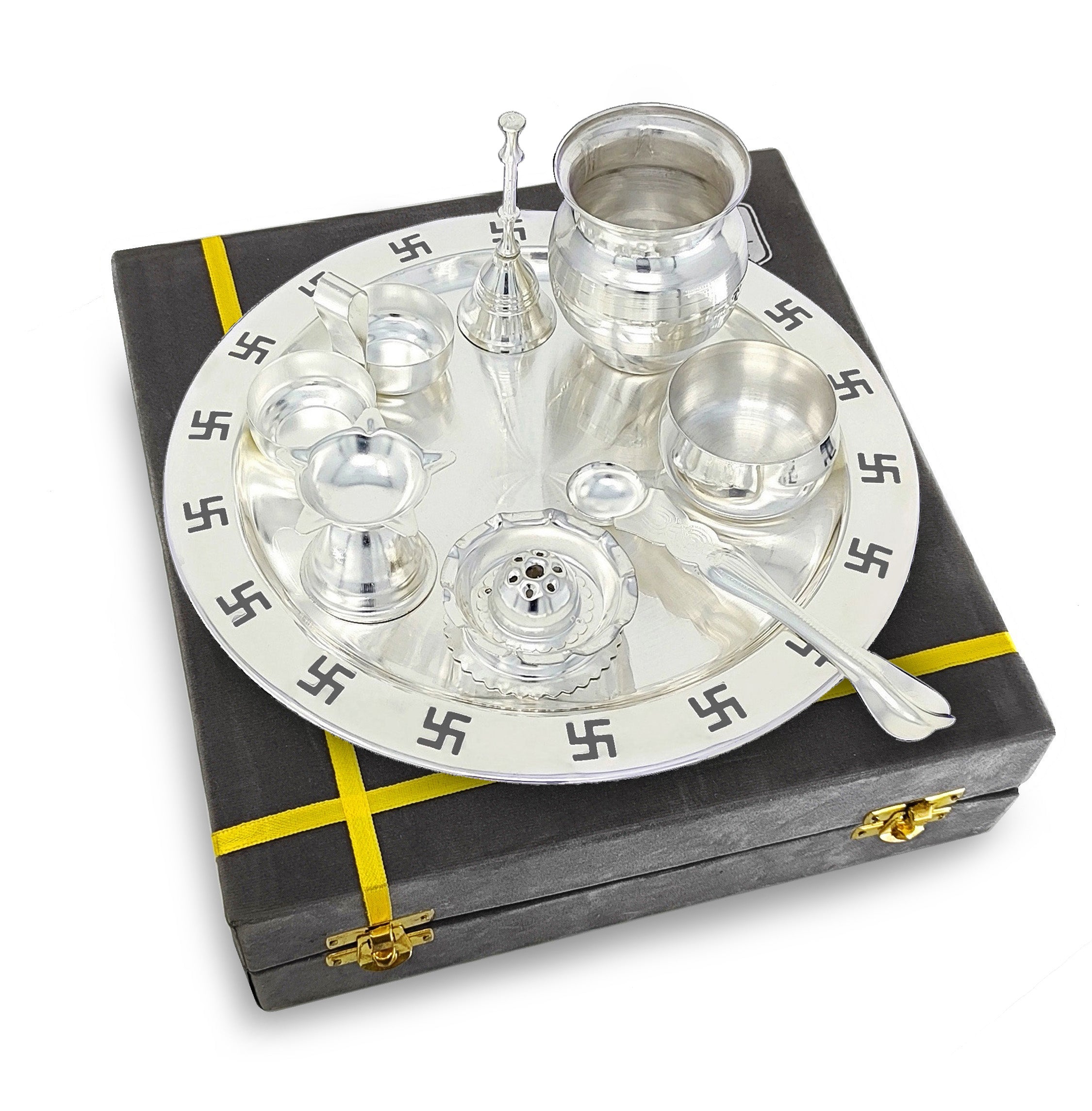 BENGALEN Pooja Thali Set 9 Inch Silver Plated with Gray Gift Box