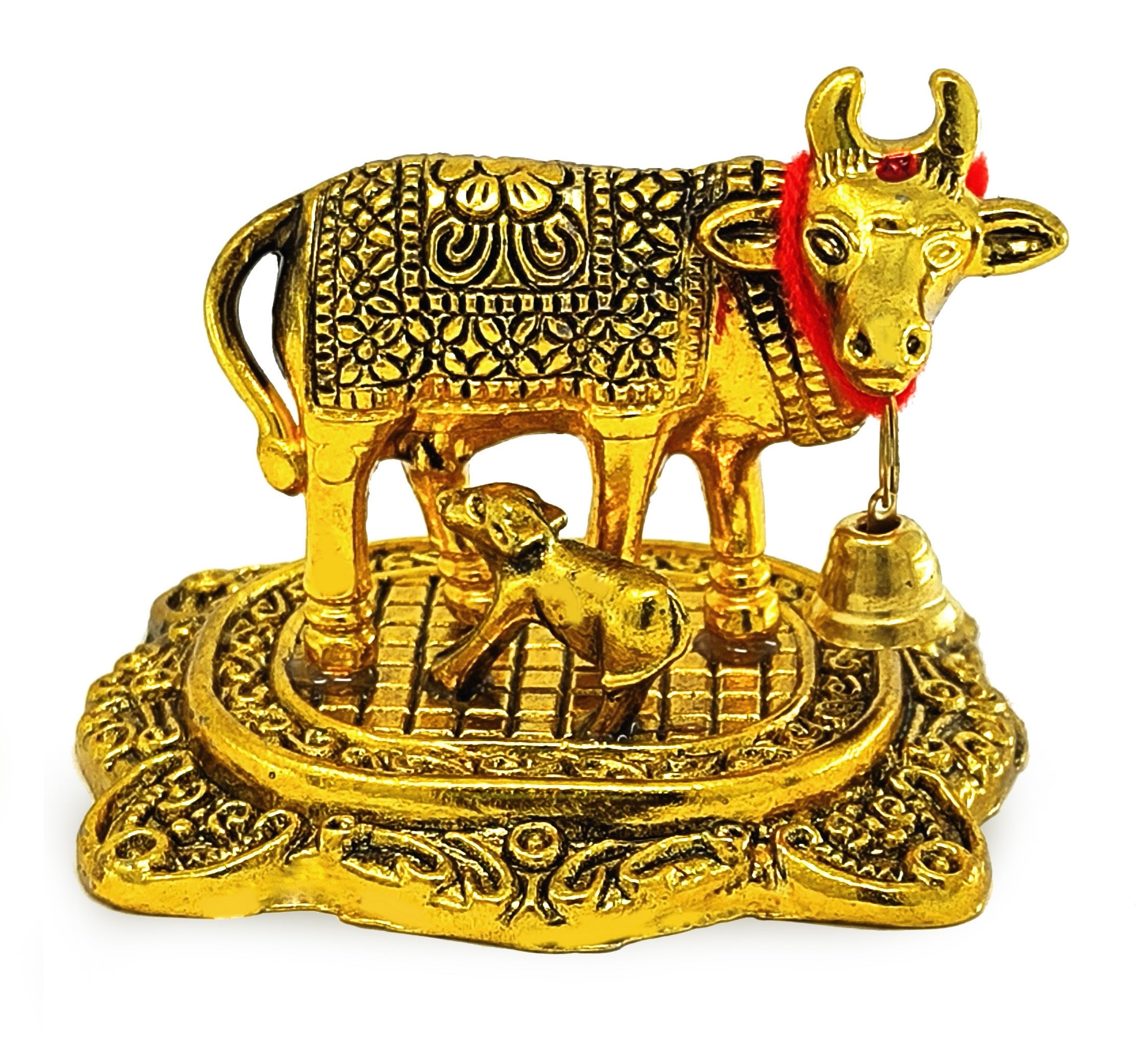 BENGALEN Small Kamdhenu Cow with Calf Gold Plated Statue Decorative Diwali Gift Items Showpiece for Home Office Decoration Item Family Friends Relative Return Gifts