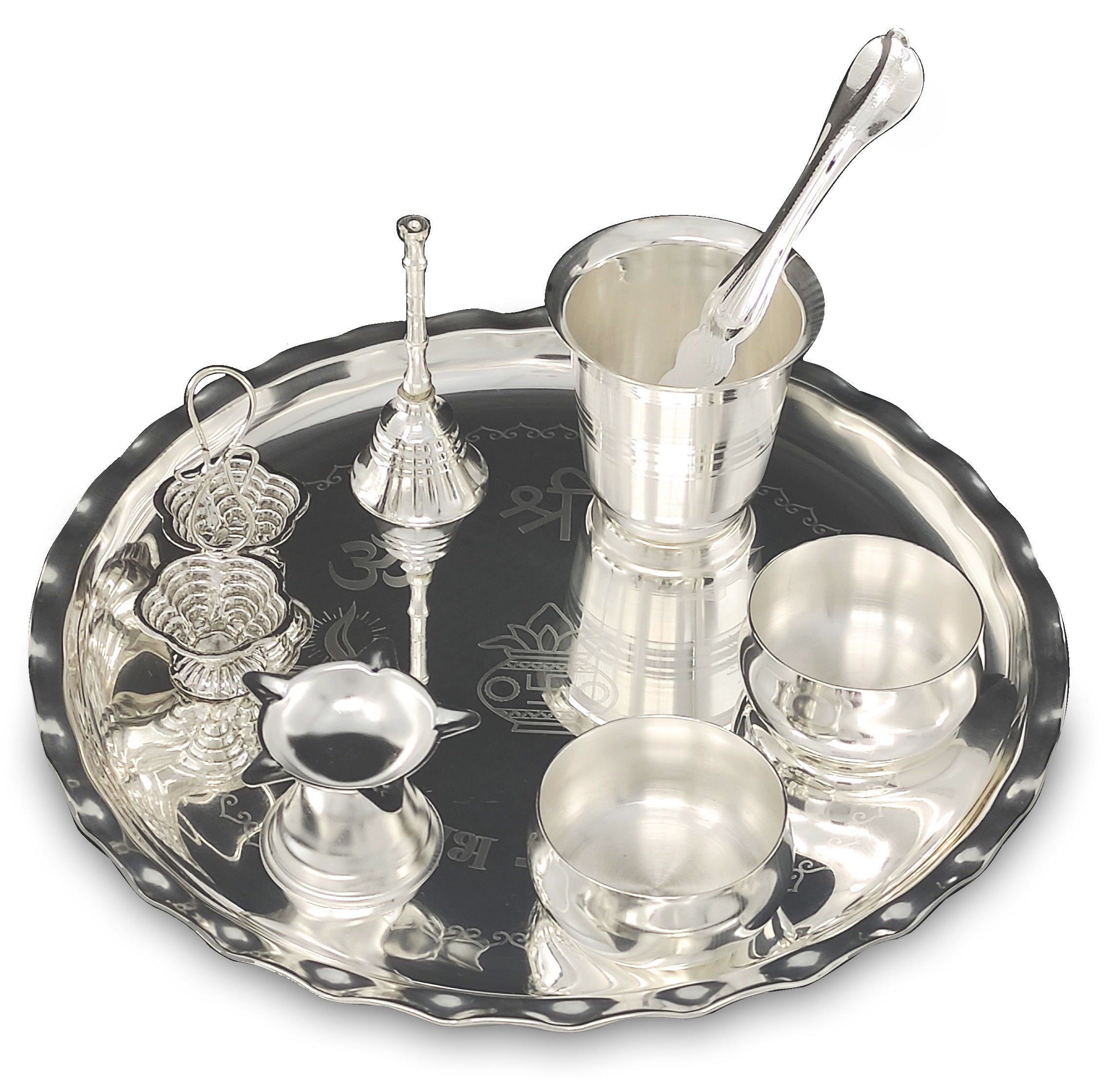 Bengalen Silver Plated Pooja thali Set 9.5 Inch with Plate Coin Haldi Kumkum Stand Diya Kalash Bowl Dhup Dan Palli Puja Thali for Home Mandir Office Diwali Wedding Return Gift Items