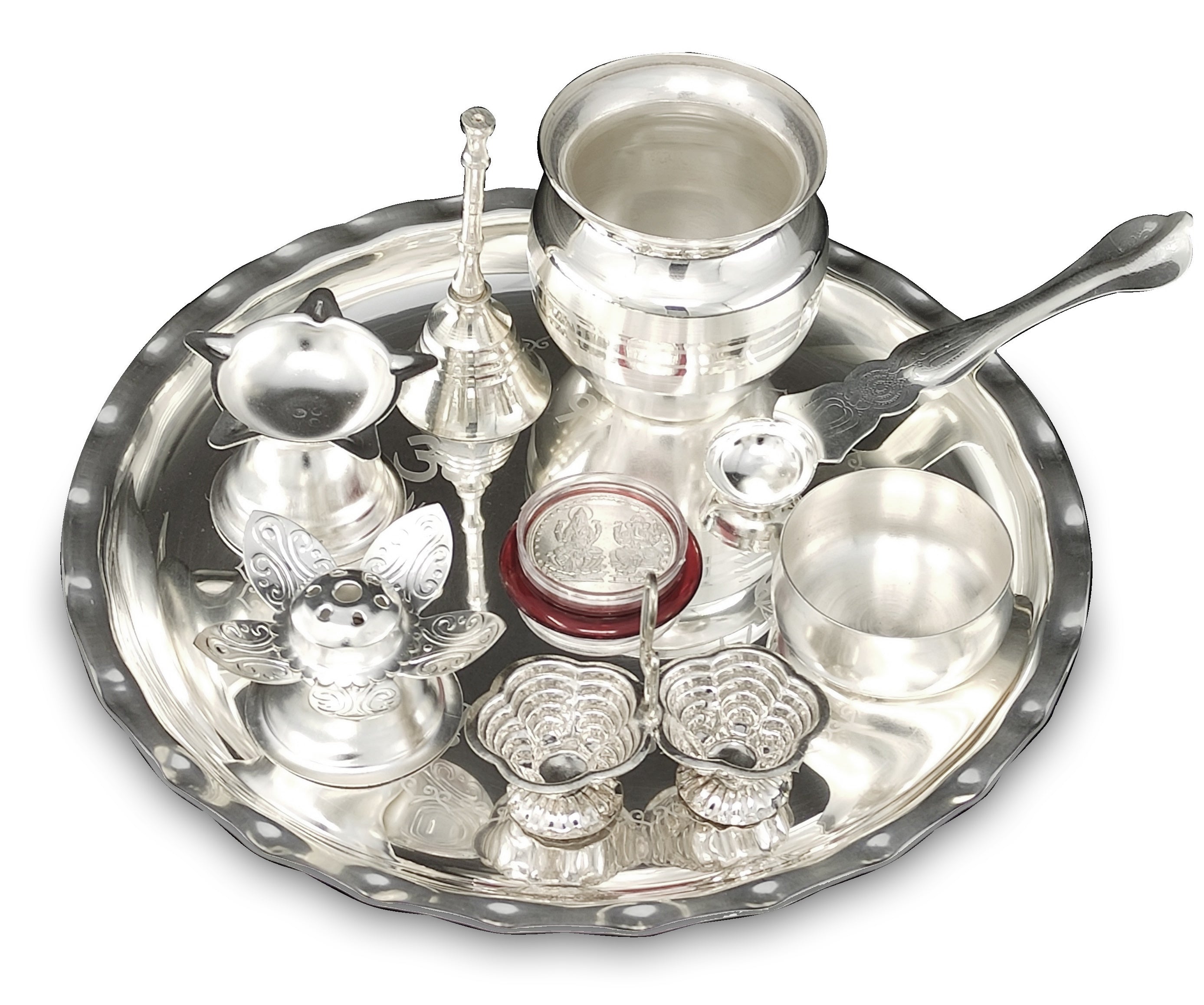 Bengalen Silver Plated Pooja thali Set 8 Inch with Plate Ghanti Bowl Spoon Dhup Dan Diya Kumkum Holder Coin Puja Thali for Home Mandir Office Wedding Return Diwali Gift Items