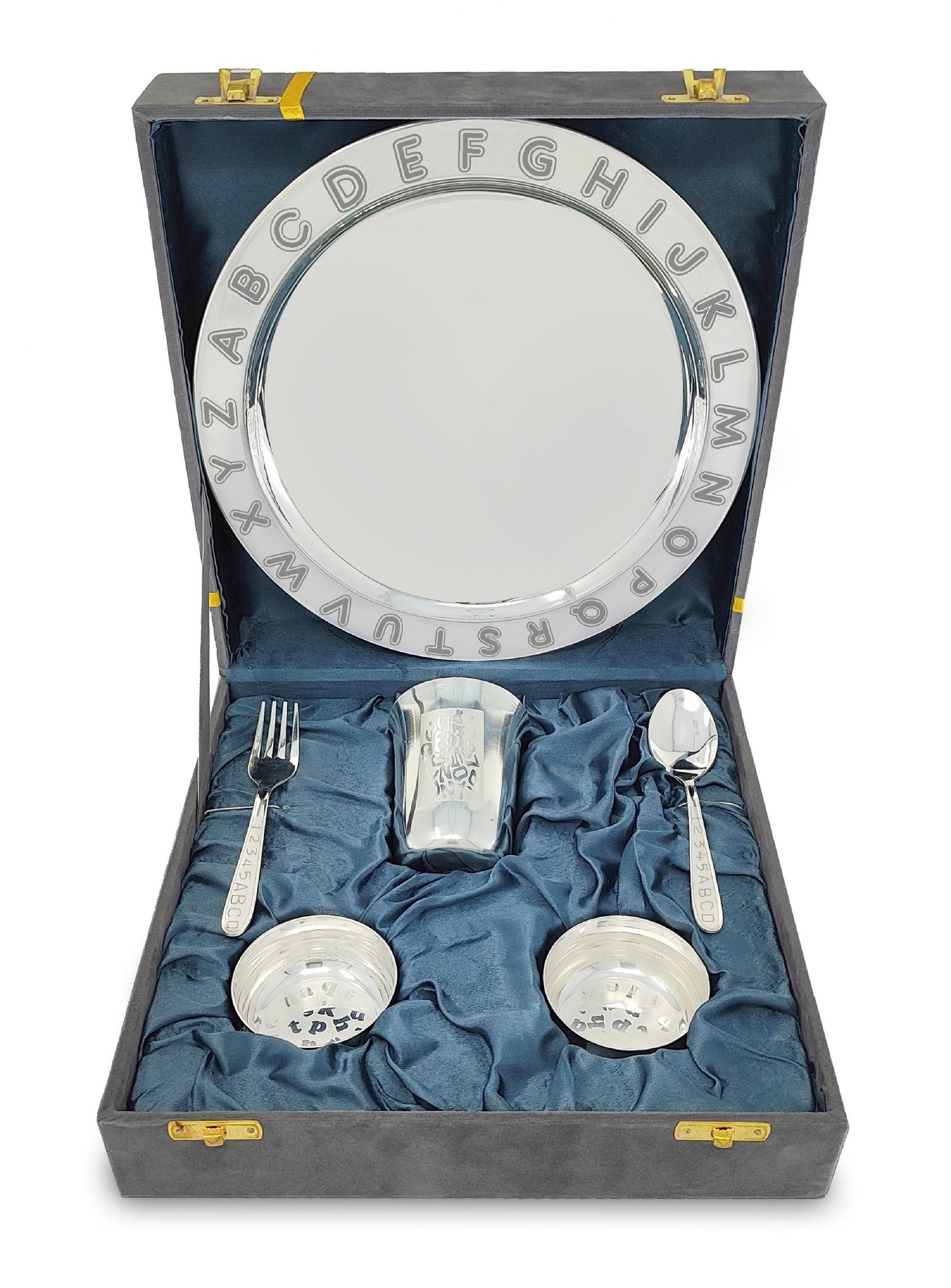 Bengalen Silver Plated Baby Dinner Set With Gray Velvet Box for Gift Rice Ceremony Annaprashan Sanskar for Boys Girls Kids Birthday Return Festive Gift Items
