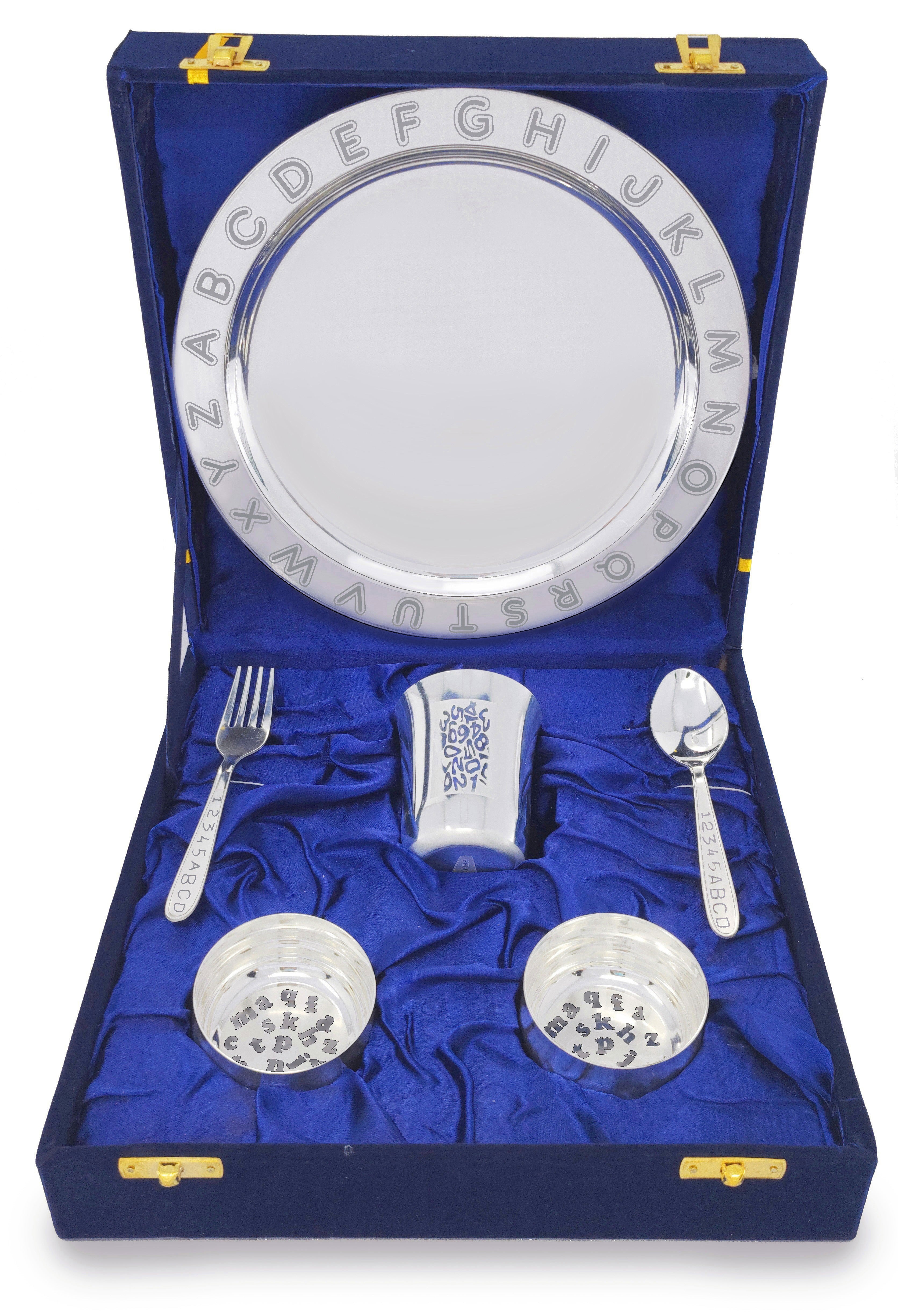Bengalen Silver Plated Baby Dinner Set With Blue Velvet Box for Gift Rice Ceremony Annaprashan Sanskar for Boys Girls Kids Birthday Return Festive Gift Items