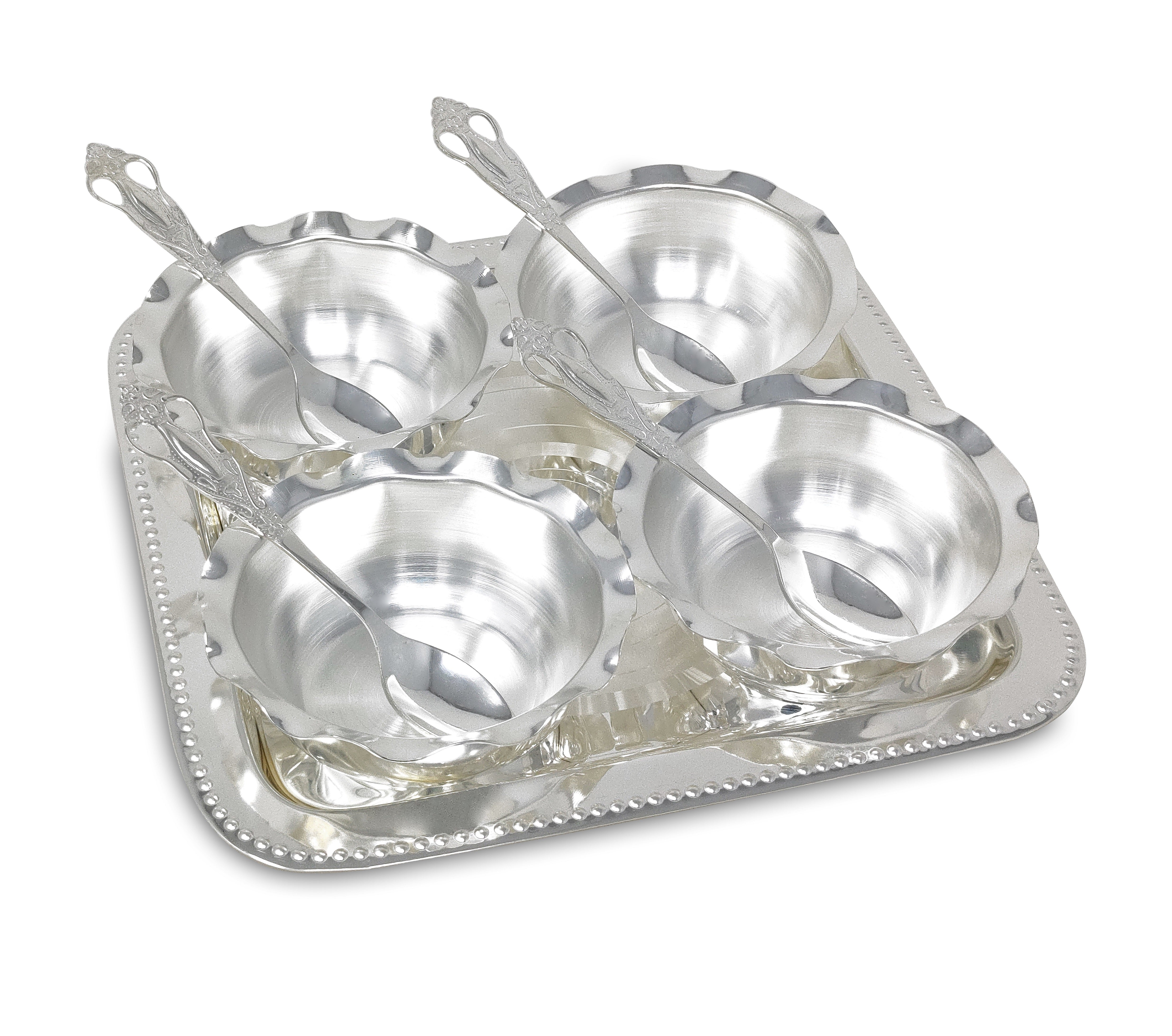 BENGALEN Bowl Spoon Tray Set Silver Plated Dessert Dry Fruits Ice Cream Serving Diwali Christmas Eid Wedding Return Gifts Friends Family Home Decoration Housewarming Corporate Gift Items