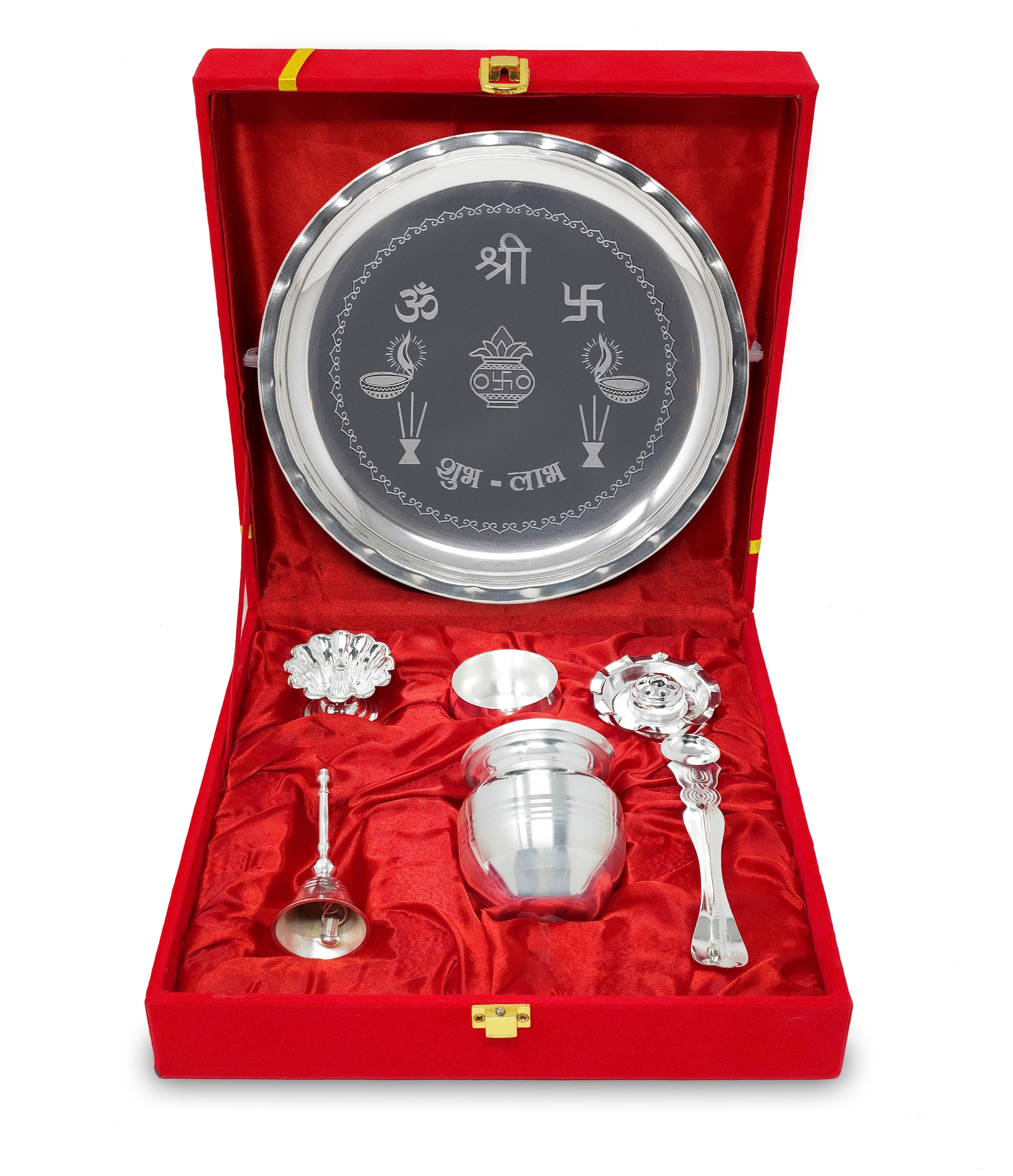BENGALEN Pooja Thali Set with Velvet Gift Box 8 Inch Puja Plate Kalash Palli Diya Agarbatti Stand Bowl Kumkum Holder Ghanti Puja Items Diwali Wedding Gifts