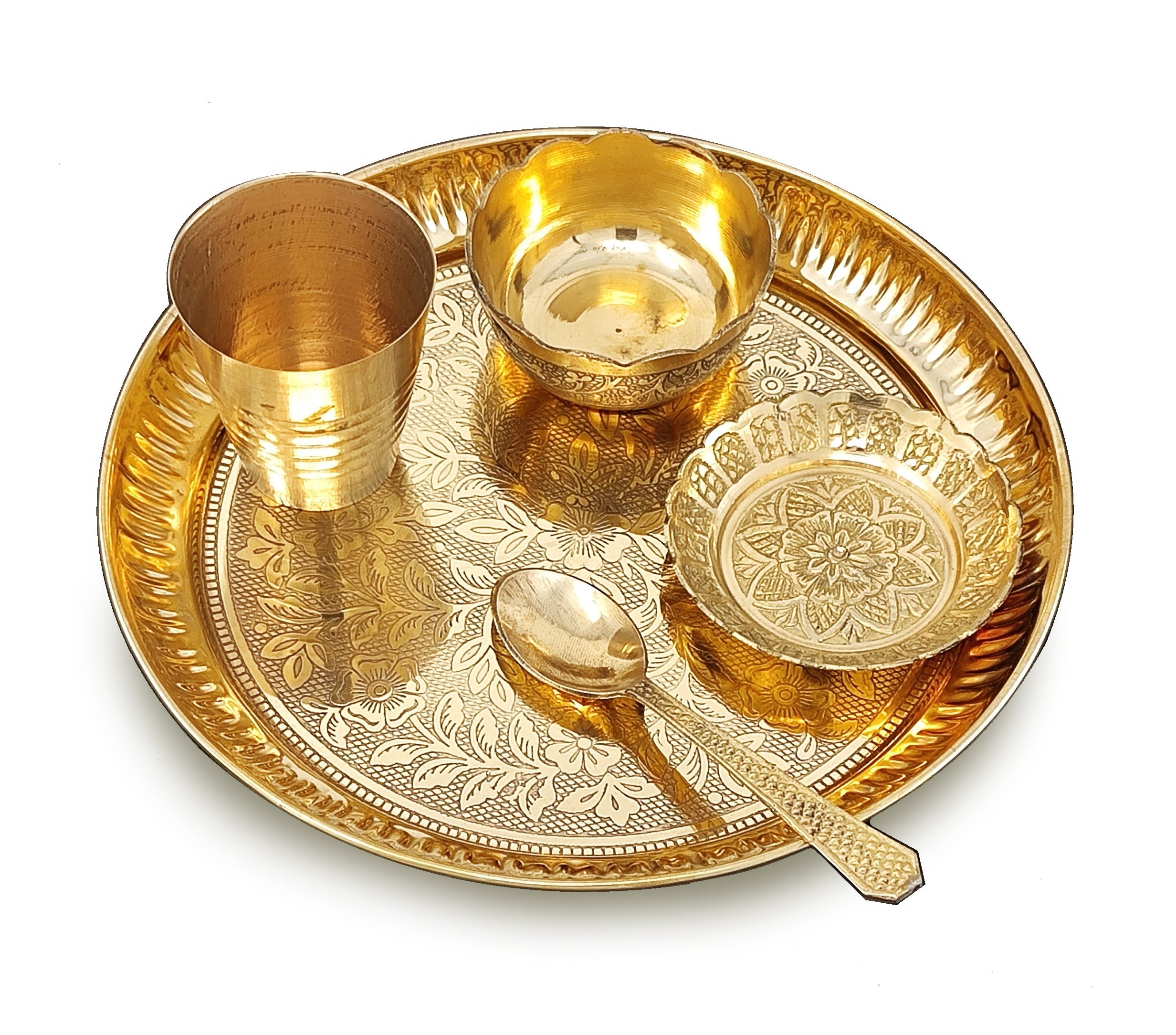 BENGALEN Brass Pooja Bhog Thali Set 7 Inch with Pital Puja Plate Kalash Bowl Spoon Dhup Dan Palli Ghanti Kuber Diya Chandan Wati Arti Thali for Diwali Home Office Mandir Wedding Return Gift Items