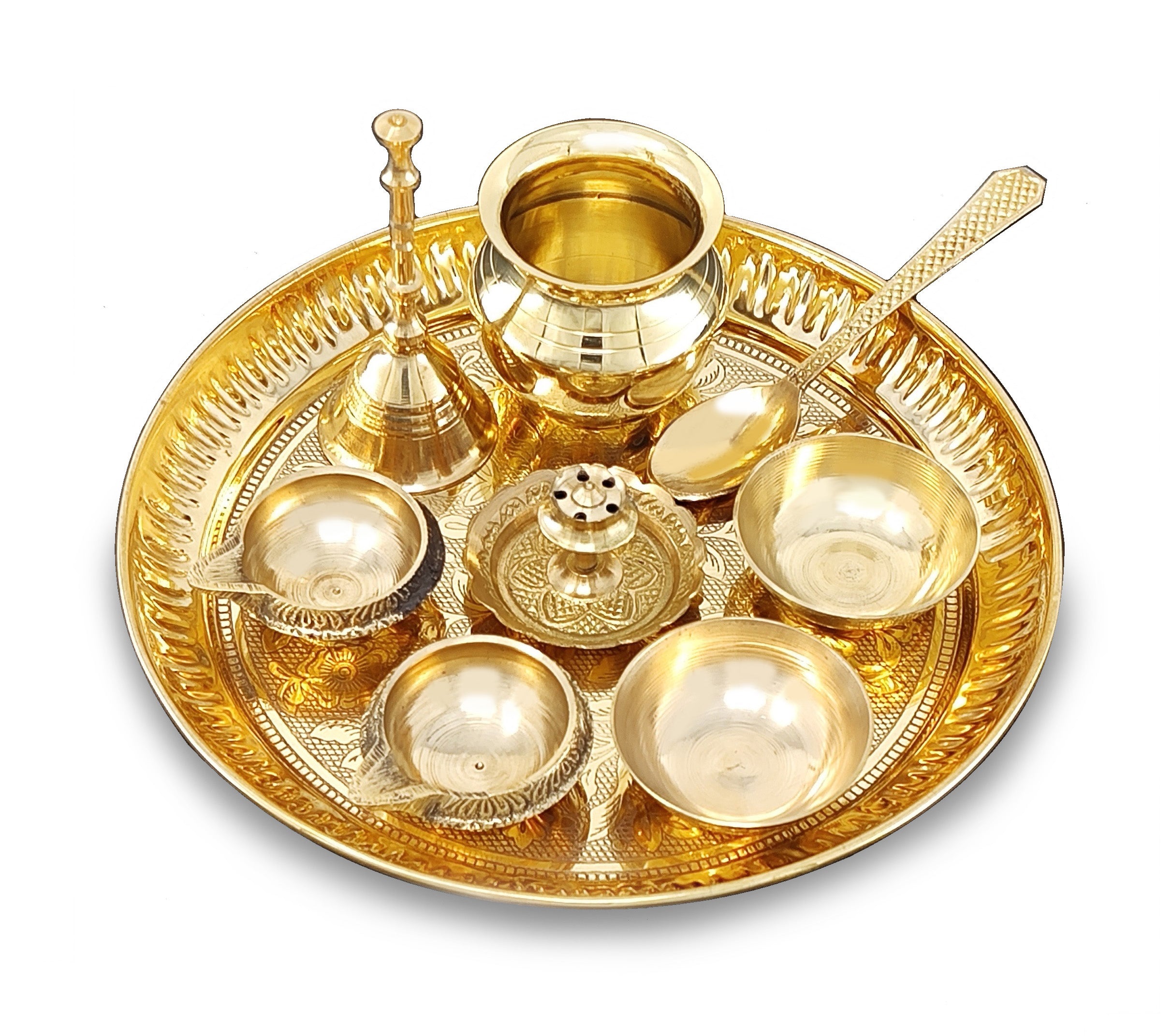 BENGALEN Brass Pooja Thali Set 7 Inch with Pital Puja Plate Kalash Bowl Spoon Dhup Dan Palli Ghanti Kuber Diya Chandan Wati Arti Thali for Diwali Home Office Mandir Wedding Return Gift Items