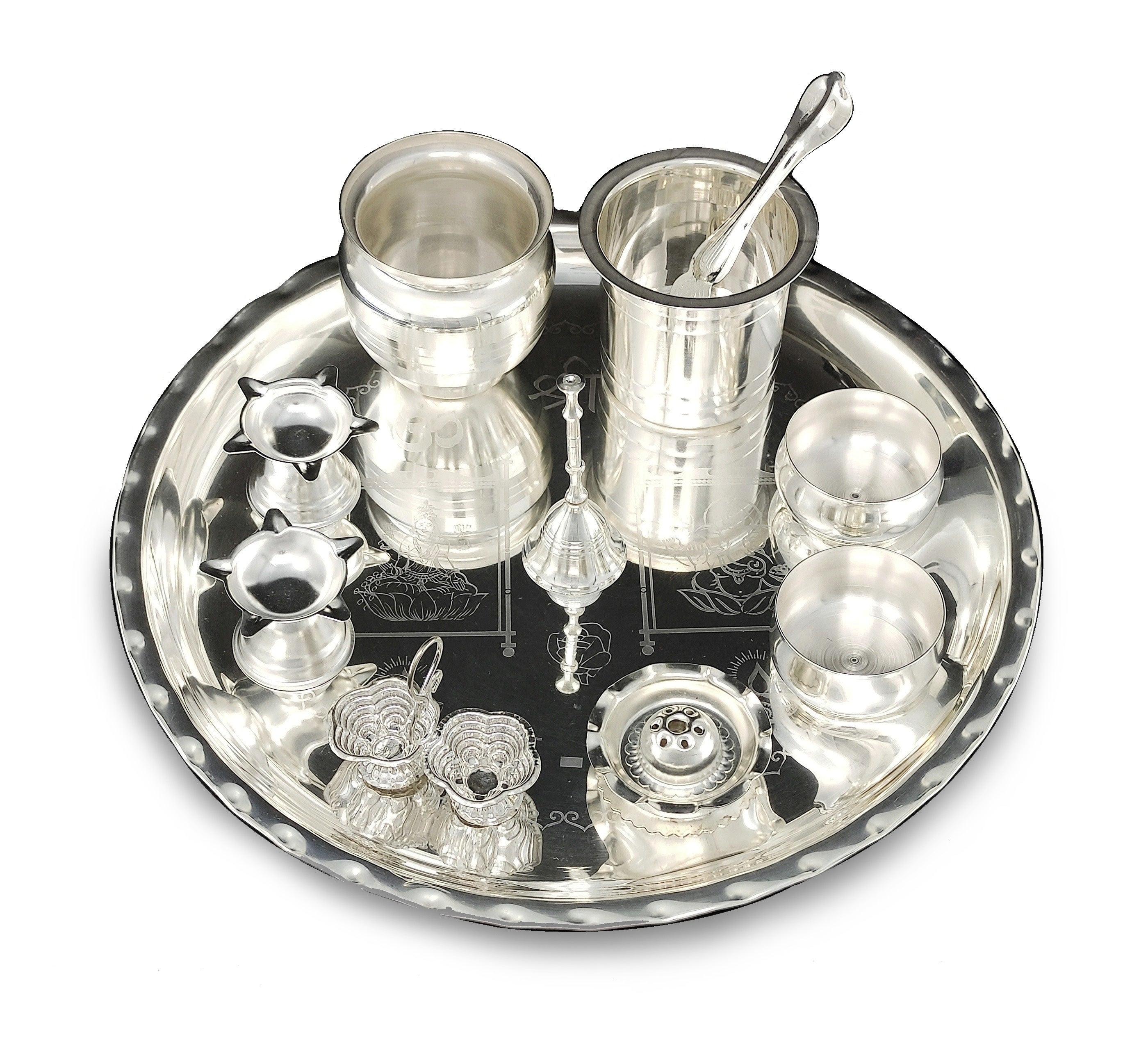 BENGALEN Pooja Thali Set 12 Inch Silver Plated with Designed Puja Plate Kalash Panchpatra Palli Bowl Dhup Dan Ghanti Haldi Kumkum Stand Diya for Home Mandir Office Wedding Return Gift Items