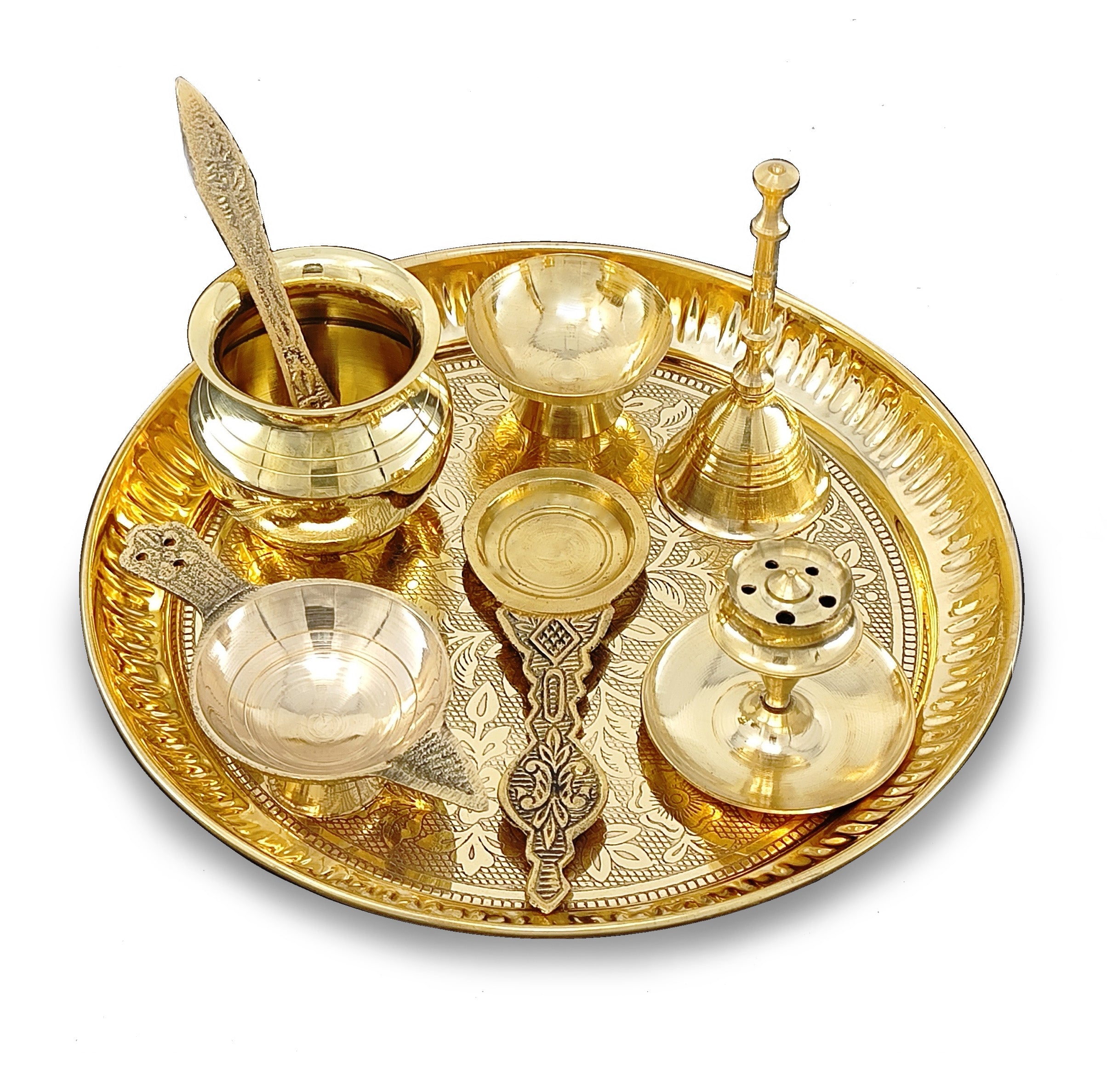 BENGALEN Brass Pooja Thali Set 7 Inch with Pital Puja Plate Kalash Bowl Spoon Dhup Dan Palli Ghanti Kuber Diya Chandan Wati Arti Thali for Diwali Home Office Mandir Wedding Return Gift Items