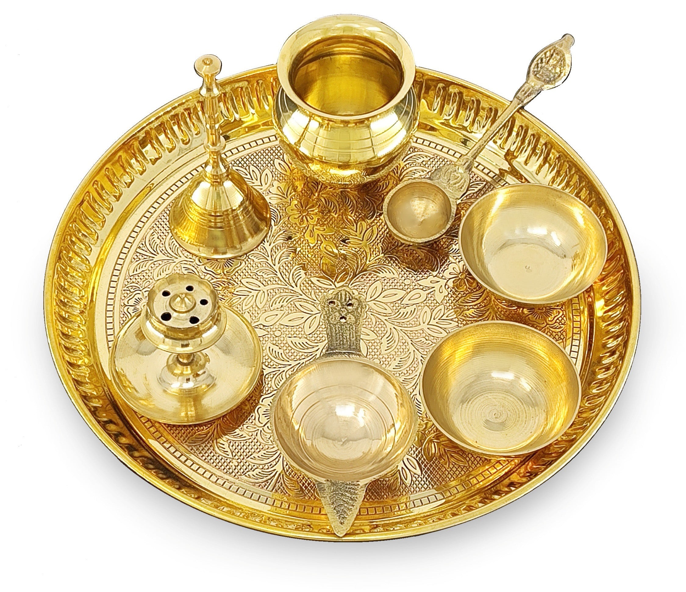 BENGALEN Brass Puja Thali Set 8 Inch Pooja Thali with Pital Design Plate Kalash Chandan Wati Dhup Dan Diya Ghanti Palli Arti Thali for Diwali Home Office Mandir Wedding Return Gift Items