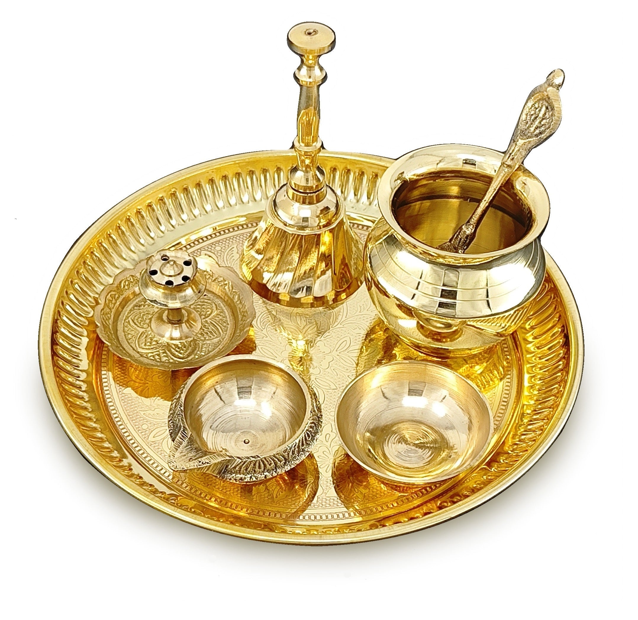 BENGALEN Brass Pooja Thali Set 6 Inch Puja Thali with Pital Plate Kala