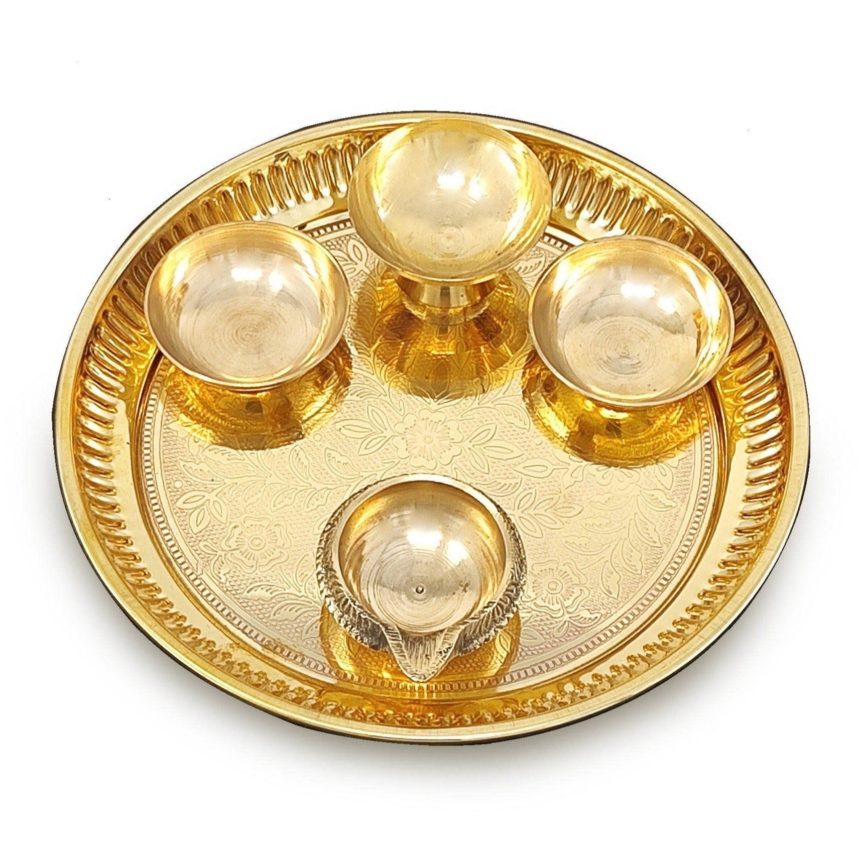 BENGALEN Brass Pooja Thali Set 6 Inch Puja Thali with Pital Plate Bowl Kuber Diya Chandan Wati Arti Thali for Diwali Home Office Mandir Wedding Return Gift Items