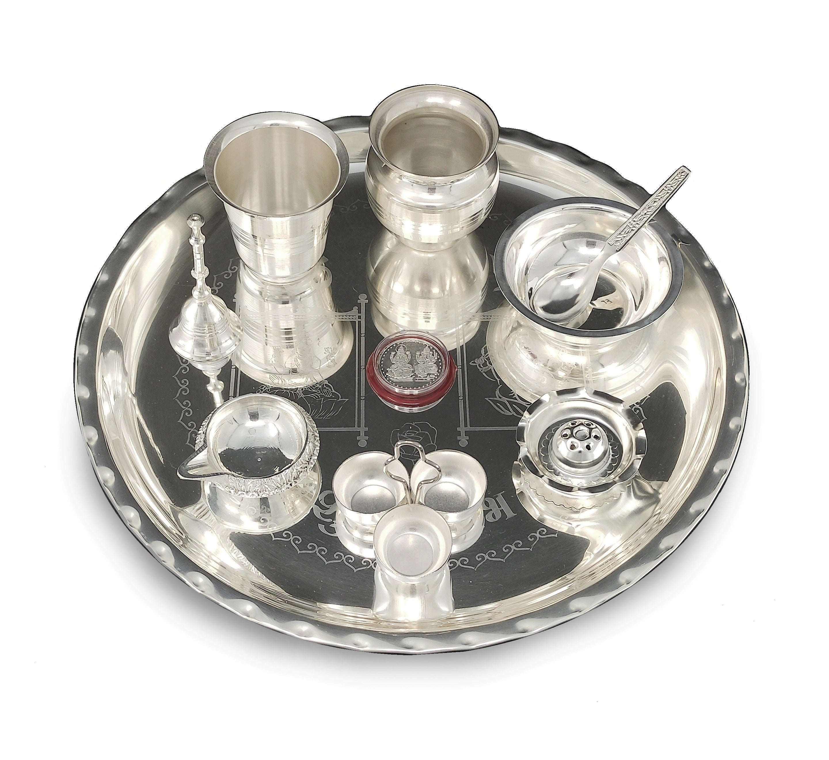 BENGALEN Silver Plated Pooja Thali Set 12 Inch with Designed Puja Plate Glass Kalash Bowl Spoon Dhup Dan Ghanti Coin Hamdi Kumkum Stand Kuber Diya for Home Mandir Office Wedding Return Gift Items