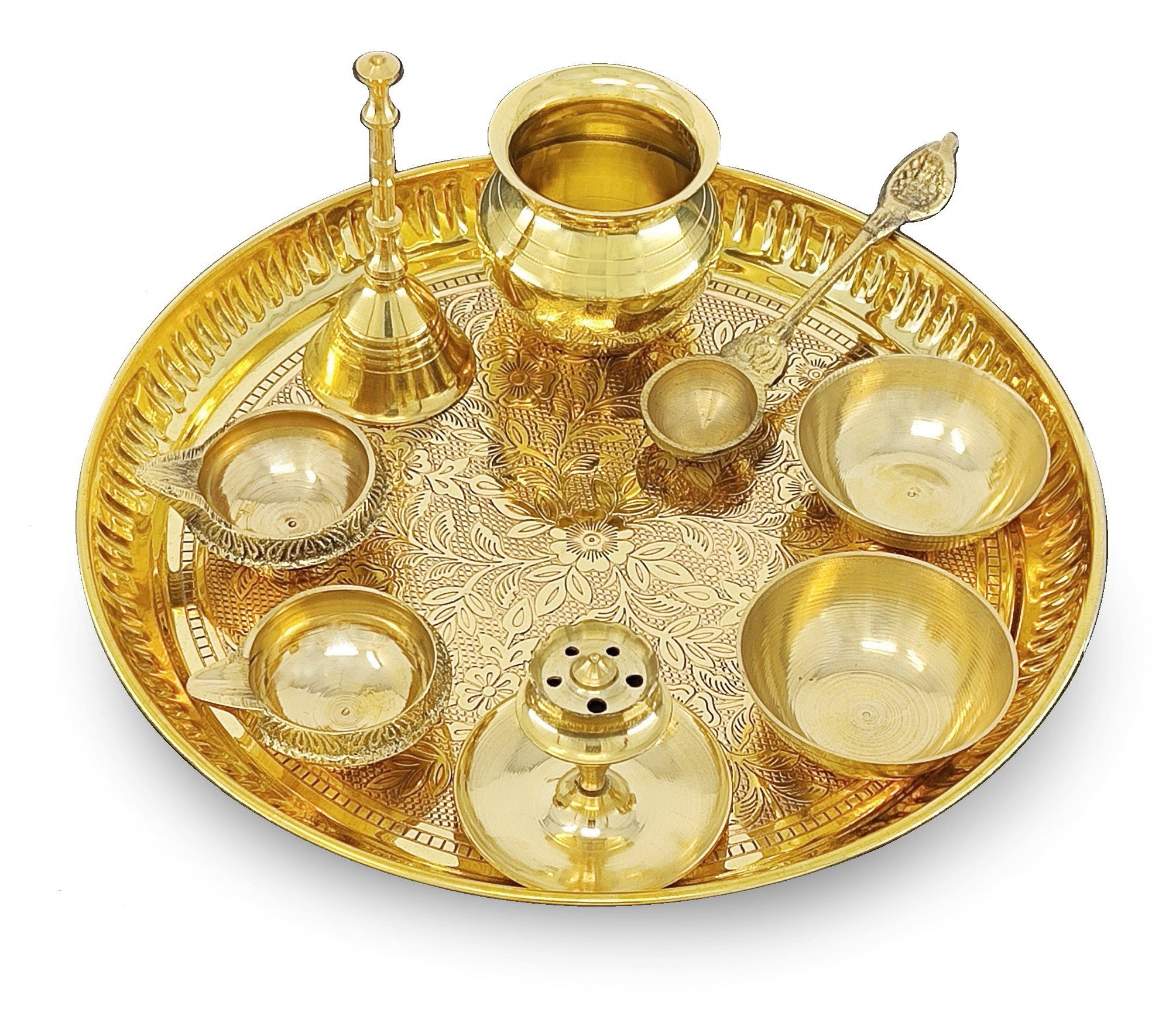 BENGALEN Brass Pooja Thali Set 8 Inch Puja Thali with Pital Plate Kalash Palli Chandan Vati Kuber Deep Dhup Dan Ghanti Arti Thali for Diwali Home Office Mandir Wedding Return Gift Items