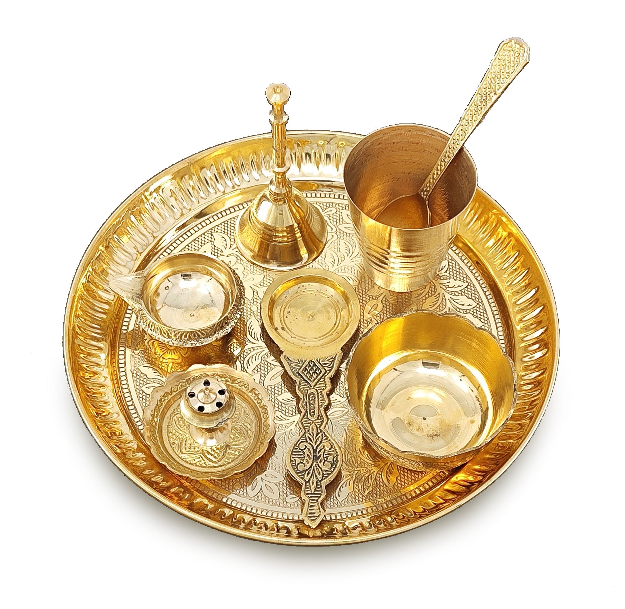 BENGALEN Brass Pooja Thali Set 7 Inch with Pital Puja Plate Kalash Bowl Spoon Dhup Dan Palli Ghanti Kuber Diya Chandan Wati Arti Thali for Diwali Home Office Mandir Wedding Return Gift Items