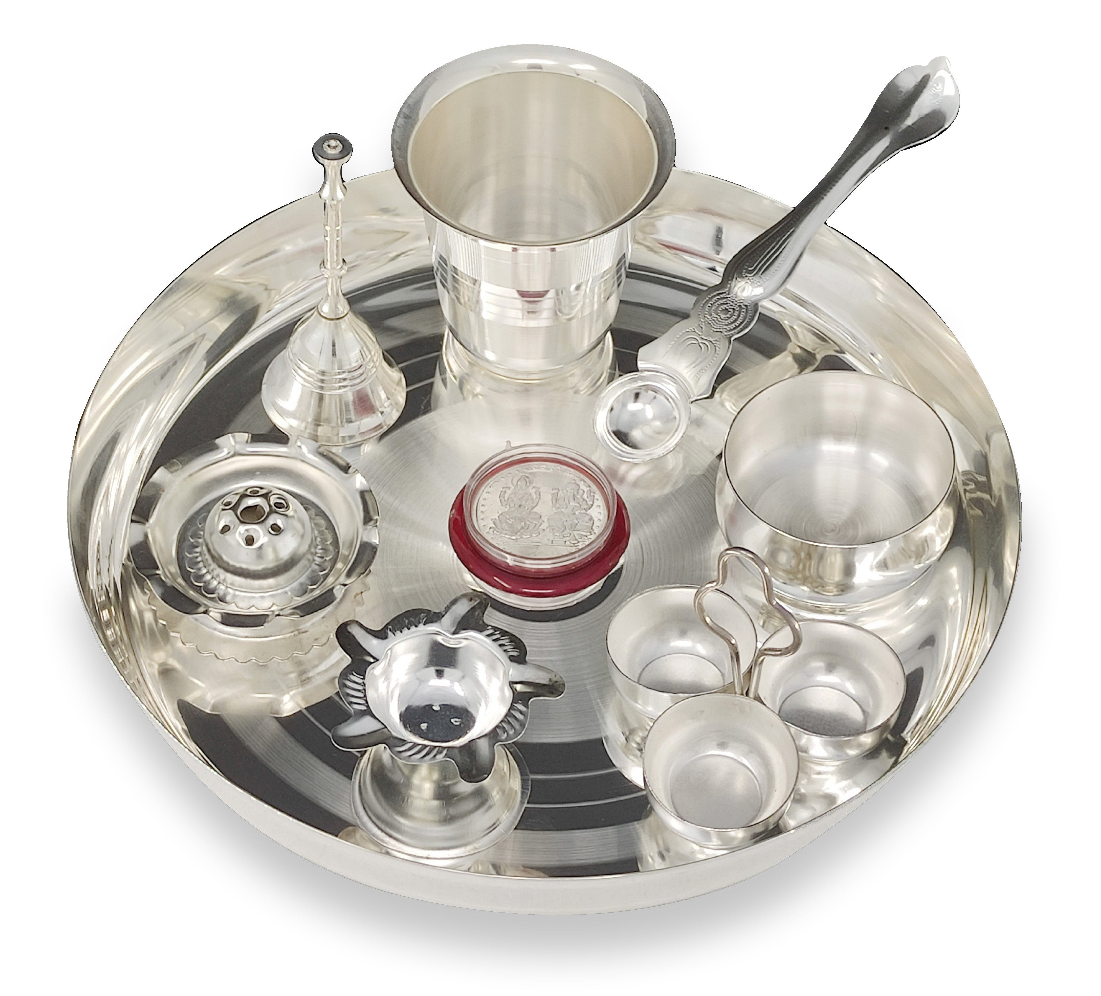 Bengalen Silver Plated Pooja thali Set 8 Inch with Plate Coin Haldi Kumkum Stand Diya Kalash Bowl Dhup Dan Palli Puja Thali for Home Mandir Office Diwali Wedding Return Gift Items