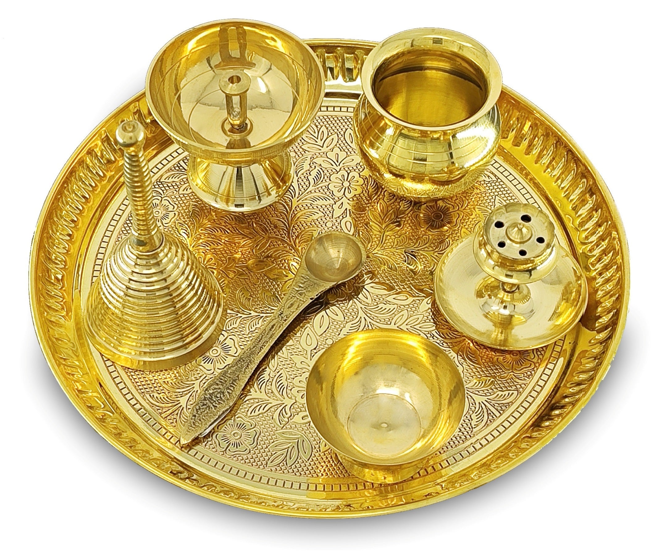 BENGALEN Brass Pooja Thali Set 8 Inch Puja Thali with Pital Plate Kalash Piyali Diya Ghanti Dhup Dan Chandan Wati Palli Arti Thali for Diwali Home Office Mandir Wedding Return Gift Items