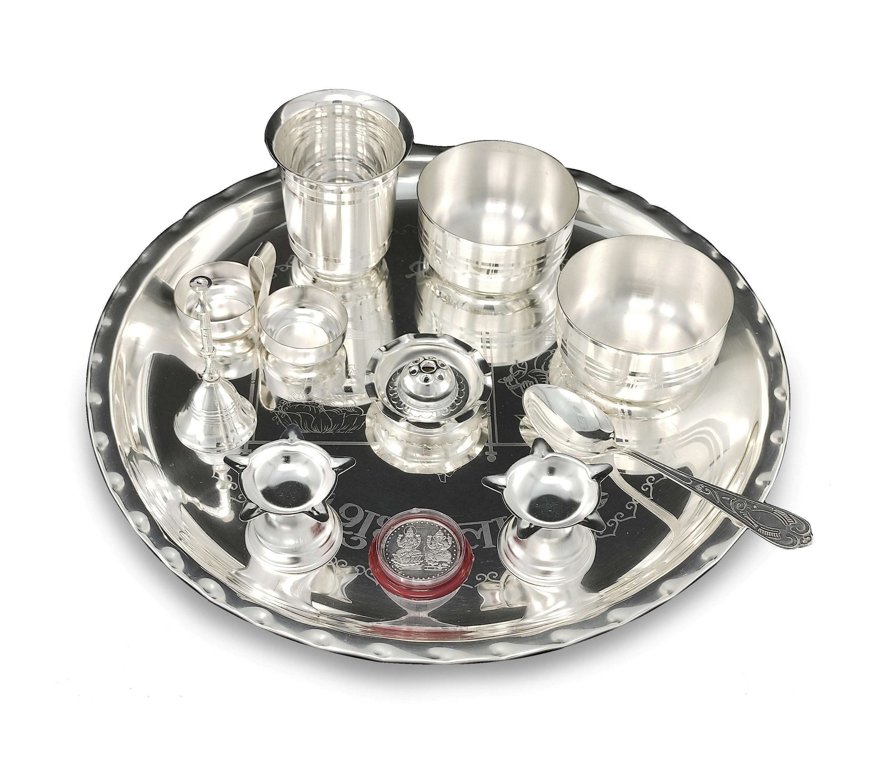 BENGALEN Pooja Thali Set 12 Inch Silver Plated with Designed Puja Thali Glass Bowl Spoon Diya Dhup Dan Haldi Kumkum Stand Ghanti Coin for Home Mandir Office Wedding Return Gift Items