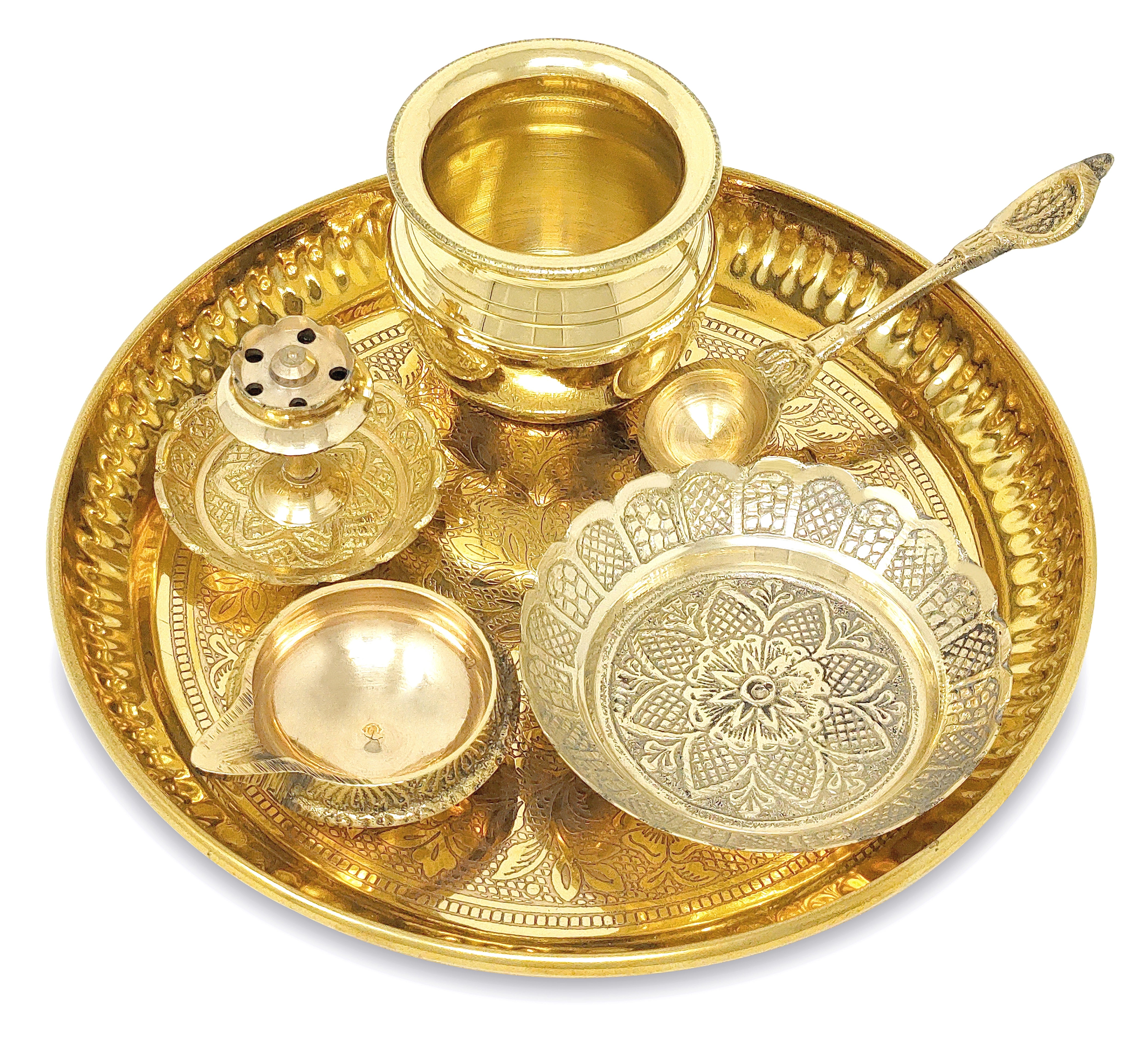 BENGALEN Brass Pooja Thali Set 6 Inch Puja Thali with Pital Plate Kalash Kuber Diya Dhup Dan Palli Kangura Plate Arti Thali for Diwali Home Office Mandir Wedding Return Gift Items